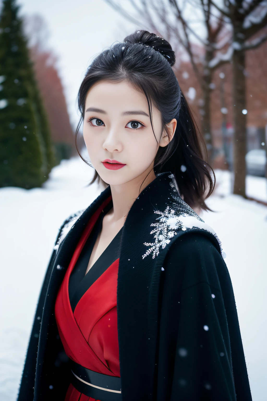 1 female,in snow,18yr old,(digital model:Nanako Matsushima 1.8),sideface,(Fine skeletal face,s delicate face),com rosto detalhado,(Traditional Japanese makeup), Black colored eyes,(Look into the distance),Just roll up the bun,((Windswept hair,Falling snow overhead)),Flaming red lips,Fair smooth skin,(Best Skin Type:1.21),((Pure white kimono),Red waist seal),masterpiece1.3,((Hasselblad photograp)),(Close-up of avatar,Avatar photo),scene:Her skin beats snow in a blizzard,Black hair and red lips,Black dark lines on clothes,Red waist band,Beauty meets snow,Snow map style,8K分辨率, physically-based renderingt,profesional lighting,Surreal photography,exquisite detailing,详细的脸,The picture is pure,Perfect posture,Ultra-fine makeup,Ultra-fine clothing material