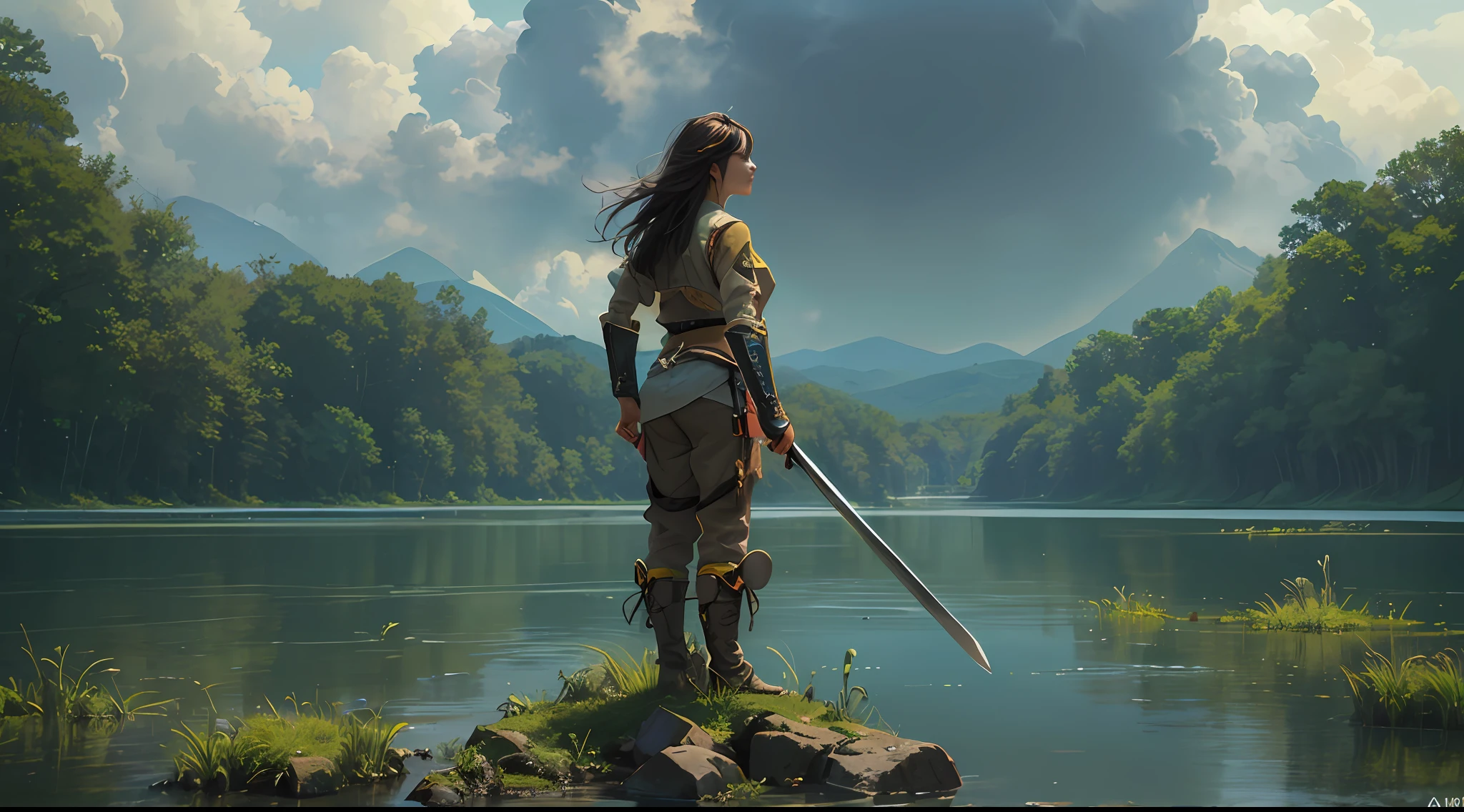 fotografia de paisagem expansiva, (a view from below that shows the sky above and the open field below), An Amazon woman standing in a lake looking up holding her sword to the heavens in search of a blessing, (piso: 1.2), (nuvens: 0.9), (birds: 1.3), montanha distante, brazi, Production art, (fonte de luz quente: 1.2), (animais selvagens: 1.2), folhas ao vento, muito verde e azul, detalhes complexos, volumeric lighting, Realismo, (obra-prima: 1.2), (melhor qualidade), 4k, ultra -detalhado, (dynamic compositing: 1.4), altamente detalhado, detalhes coloridos, (cores iridescentes: 1.2), (bright illumination, Atmospheric Illumination), sonhador, Magia, (sozinho: 1.2)