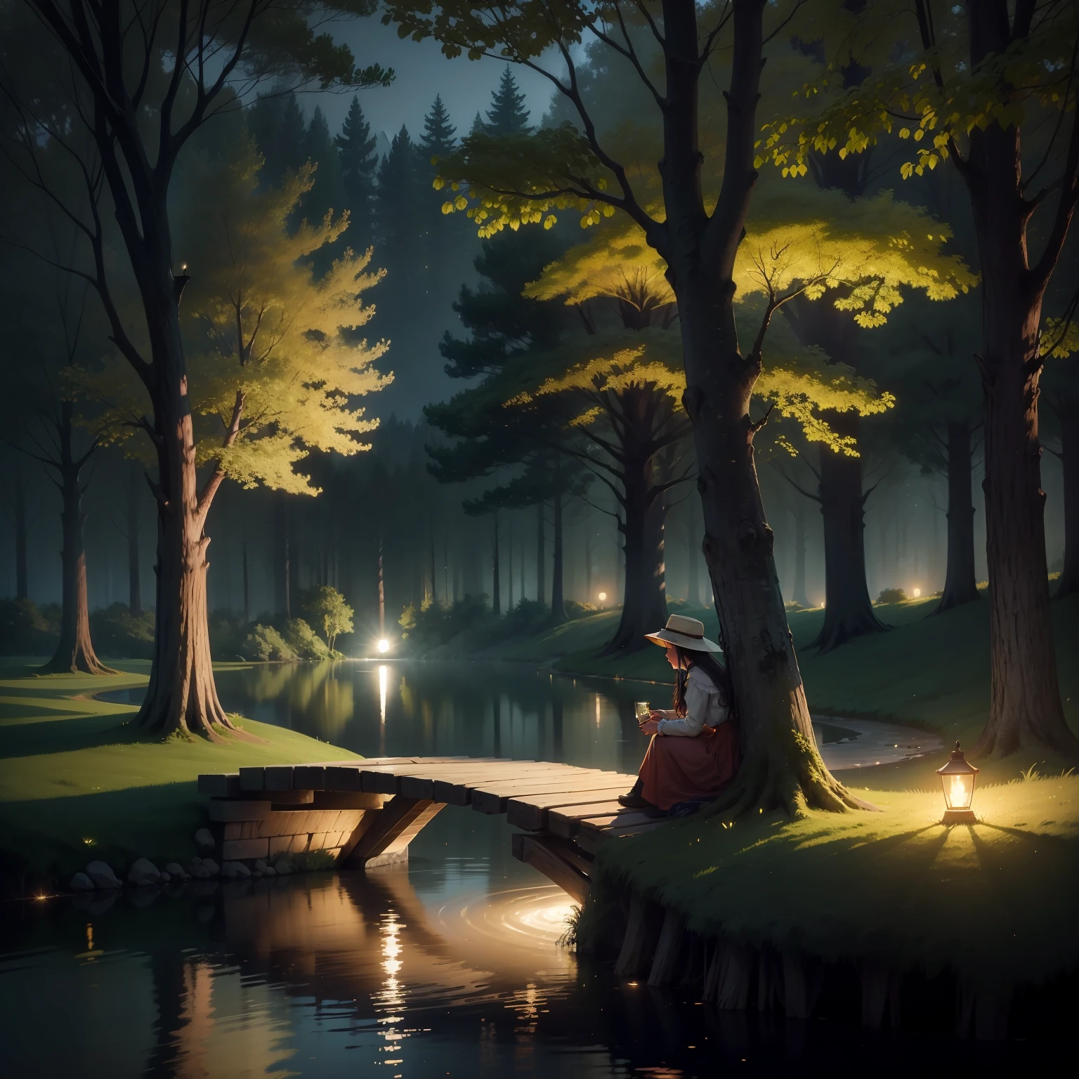 Beautiful landscape with solar lights dense trees peasant glow woman under tree on lake