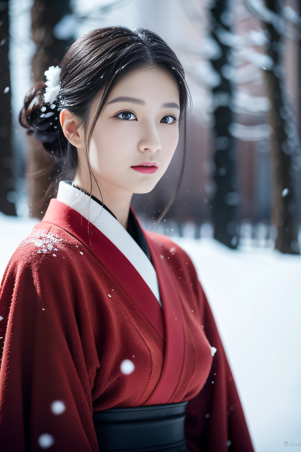 1 female,in snow,18yr old,(digital model:Nanako Matsushima 1.8),sideface,(Fine skeletal face,s delicate face),com rosto detalhado,(Traditional Japanese makeup),(Black colored eyes,(Look into the distance)) ,(Curly bun,((Windswept hair,Falling snow overhead))),Flaming red lips,Fair smooth skin,(Best Skin Type:1.21),(((Pure white kimono)),(Red inner collar+Red waist seal),masterpiece1.3,)((Hasselblad photograp)),(Close-up of avatar,Avatar photo),scene:Her skin beats snow in a blizzard,Black hair and red lips,Black dark lines on clothes,Red waist band,Beauty meets snow,Snow map style,8K分辨率, physically-based renderingt,profesional lighting,Surreal photography,exquisite detailing,详细的脸,The picture is pure,Perfect posture,Ultra-fine makeup,Ultra-fine clothing material
