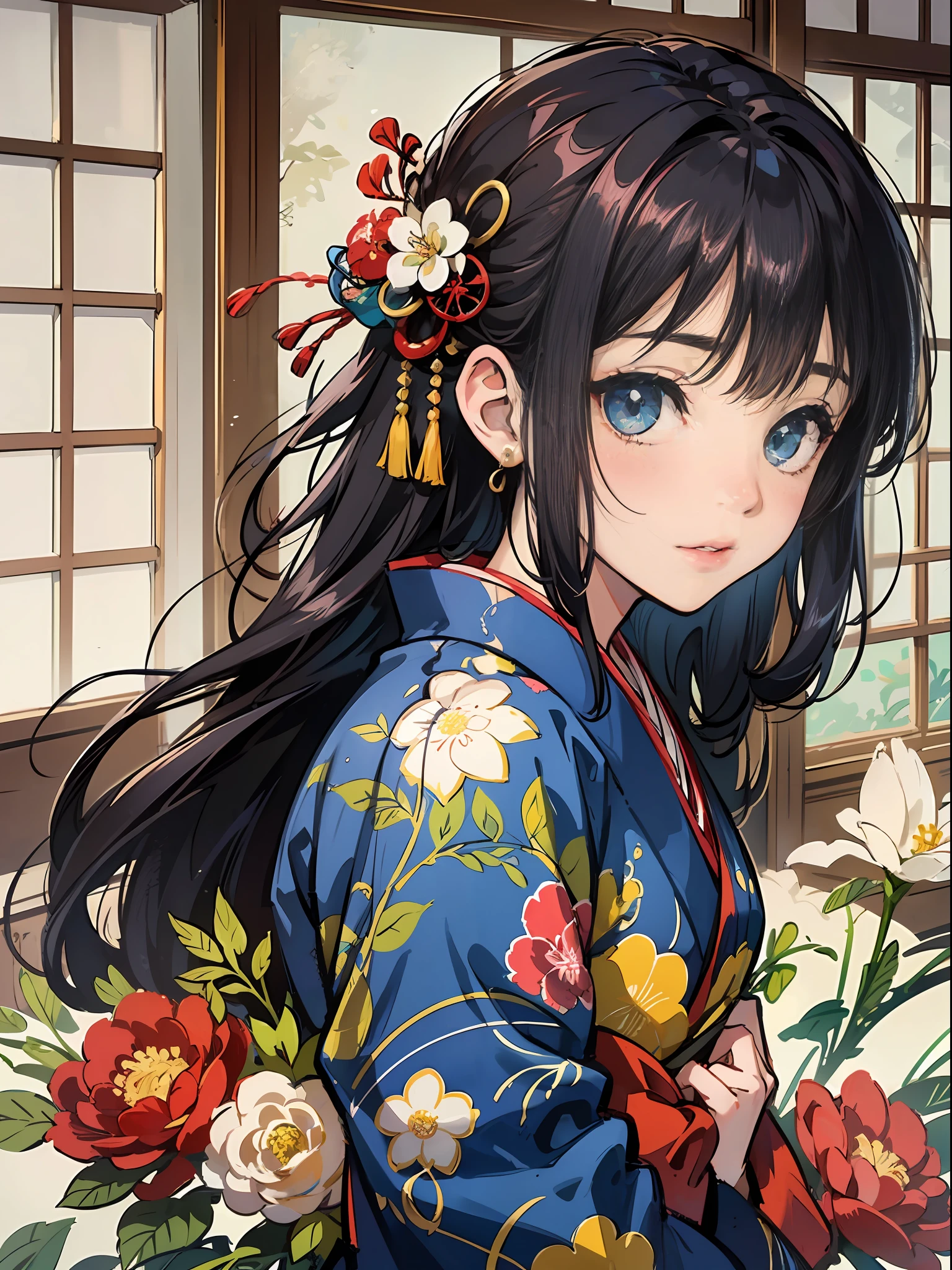 Master Pieces,hyper quality, Hyper Detailed,Perfect drawing,独奏、Beauty in the world、Komono、Japanese dress、Black-haired、Japanese hair、Colorful Japan kimono、Nishijin Ori、Delicate and smart eyes、Half-open lips、sidelong glance、Graceful、Gorgeous、Beautiful、red blush(0.2)、Dazzling、Stunning、Gorgeous、Gentle、Shunguang、natural soft light、Flowers and Birds Fugetsu、traditional Japanese room、Accurate drawing、Detailed drawing、