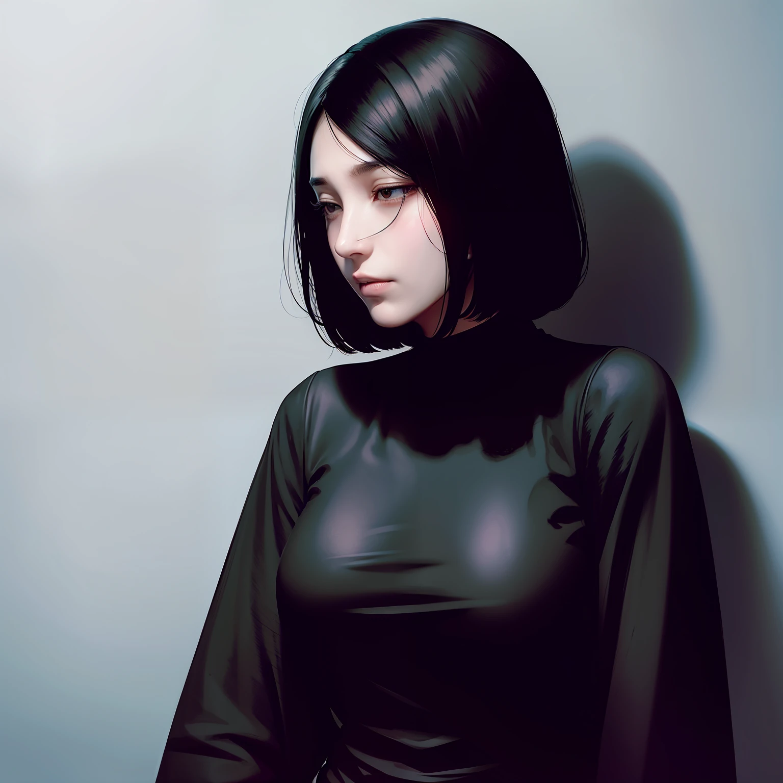 arafed woman with black shirt and black shirt leaning against wall, blackhair, sui ishida with black hair, with no face, melancholic!!, hair over face, dark hairs, boy has short black hair, dark-hair, dark - hair, no faces, black-hair, black hime cut hair, no face, she has black hair