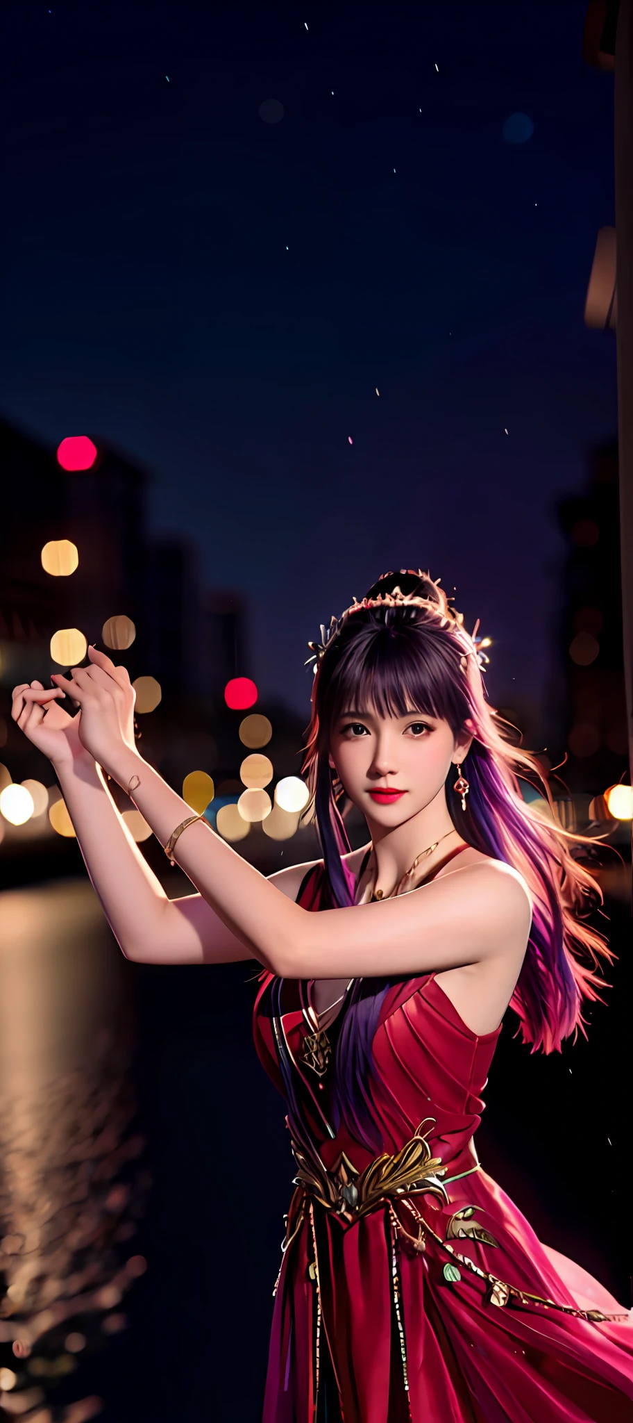 realisticity: 1.2), best quality, masterpiece, highres, cg, 1girl, weapon, sword, long hair, dress, water, solo, jewelry, red dress, earrings, hair ornament, splashing, upper body super realistis, hair bun, blue and pink hair, city backgraun realistis, lighting,candid, Photograph, high resolution, 8k, 10k, Bokeh,