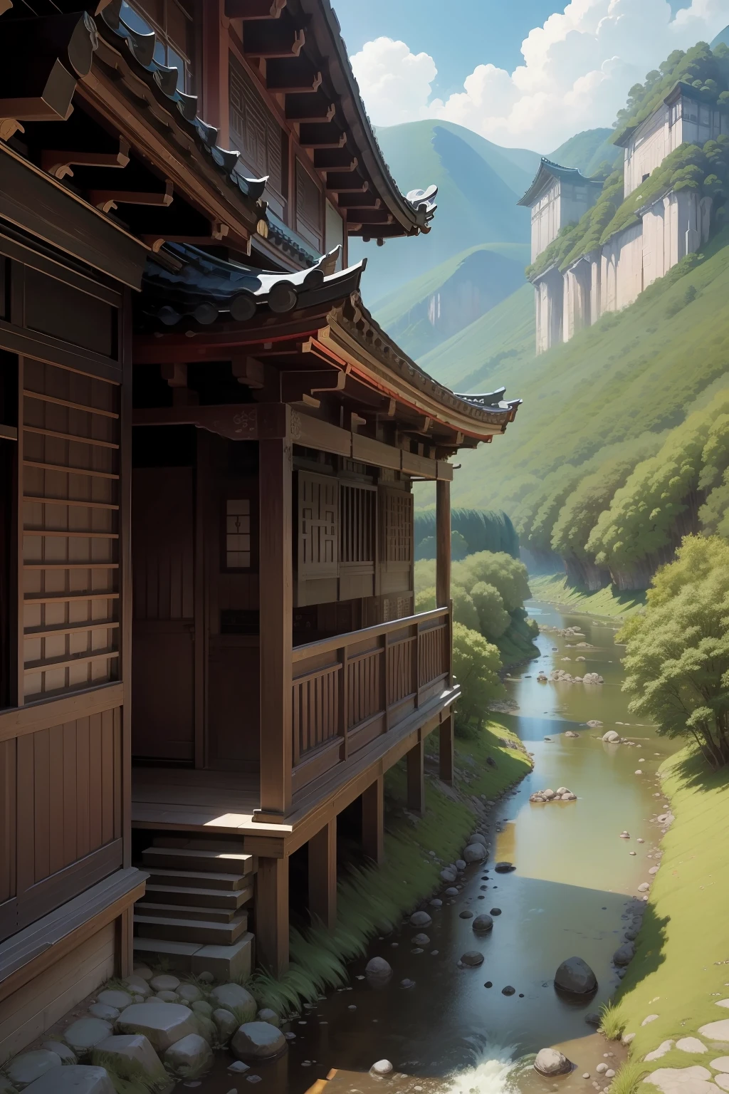 valley、a river、Temples、Shin Yunbok painting