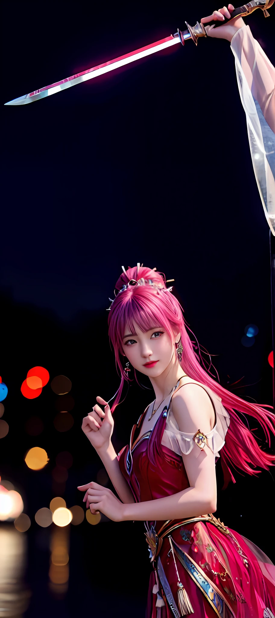 realisticity: 1.2), best quality, masterpiece, highres, cg, 1girl, weapon, sword, long hair, dress, water, solo, jewelry, red dress, earrings, hair ornament, splashing, upper body super realistis, hair bun, blue and pink hair, city backgraun realistis, lighting,candid, Photograph, high resolution, 8k, 10k, Bokeh,