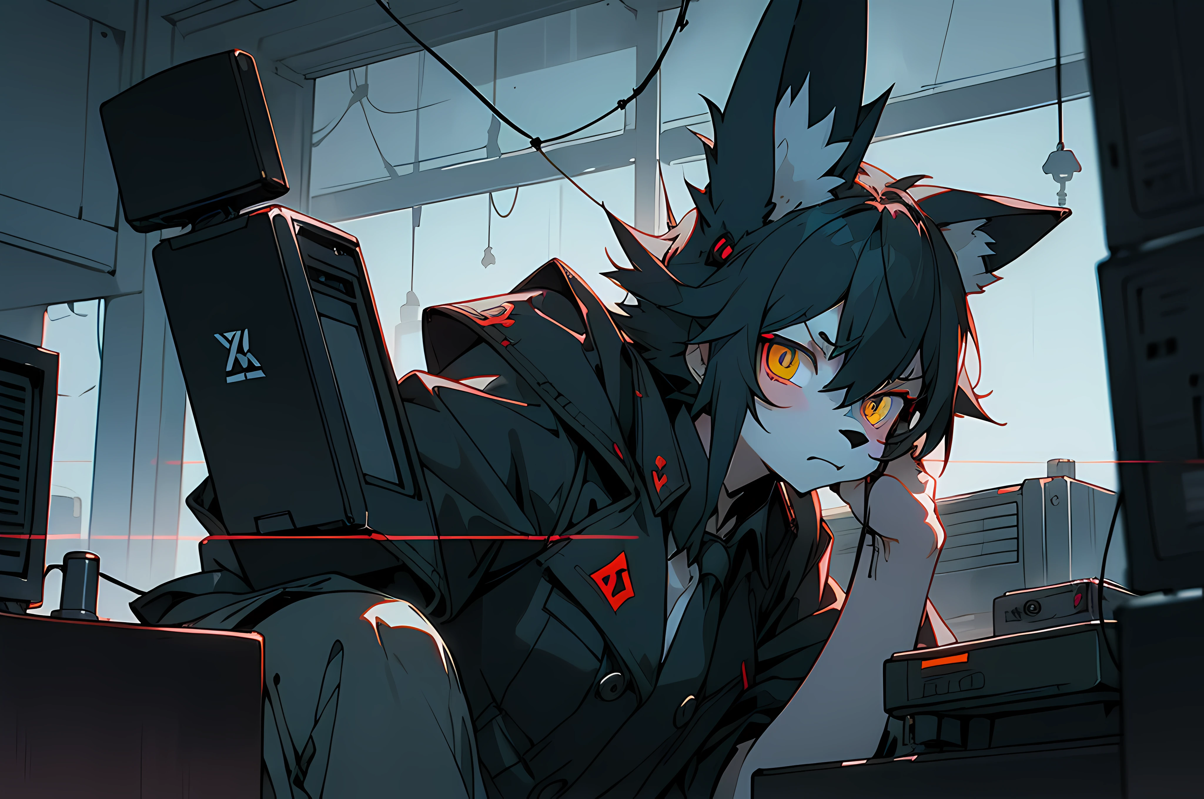(((crowd of bunny officers))), (((cyberpunk bleak bleak bleak dark black black black bleak gray))), vampire hunter d, (vintage vhs), (crt screenshot), (((dark scene))), (((dark cloudy scene))), (((angel's egg anime))), (((serial experiments lain anime))), (((dystopian basement scene))), (((unlit nighttime scene))), (((dark abandoned cyberpunk glowing screens lab house))), (((angry black anthro kemono furry rabbit kommisar gestapo officer fighter with uniform and tall bunny ears exploring old computer screens))), (((cyberpunk dystopian headquarters filled with glowing computer monitors and red screens))), anime black rabbit gestapo with futuristic hair and piercing glowing eyes and tall bunny ears commander, anime art, anime aesthetic, (((old electronics in background cel art))), kemono anime rabbit man, wearing cybernetic bunny ears, angry male fighter --v6