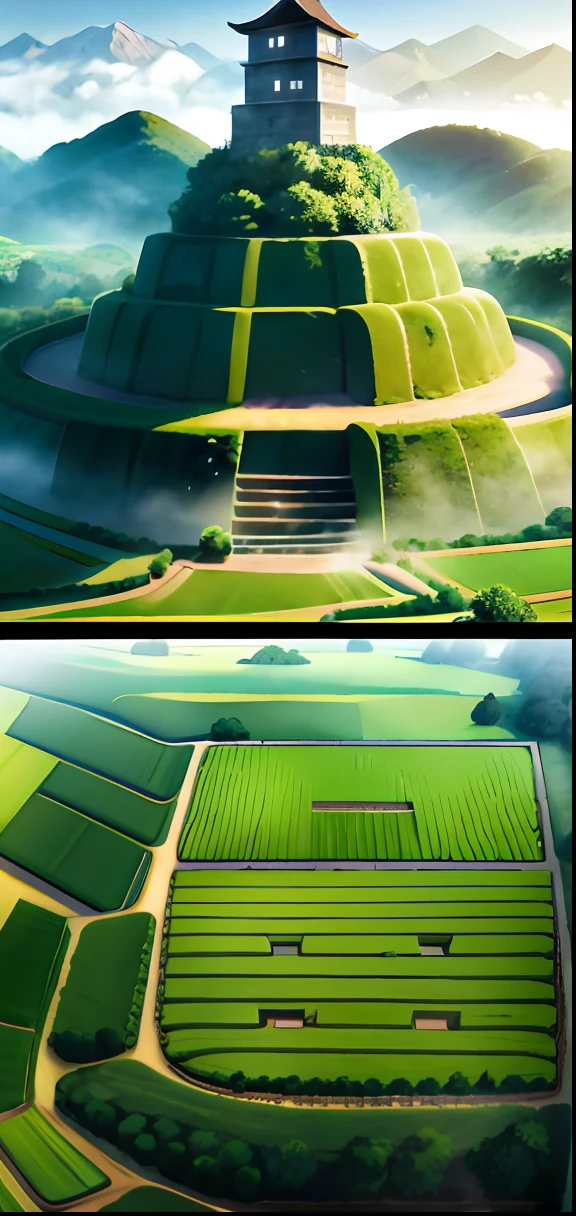 Large expanses of terraced fields, mountains, huts, with rice fields, rice fields, neat rice seedlings in the fields, misty rain, villages, agriculture, in the tranquil landscape, misty weather, in the vast tranquil landscape, in the early morning, in the morning mist, behind a small village, mist, Japanese countryside, thatched roofs --v 6