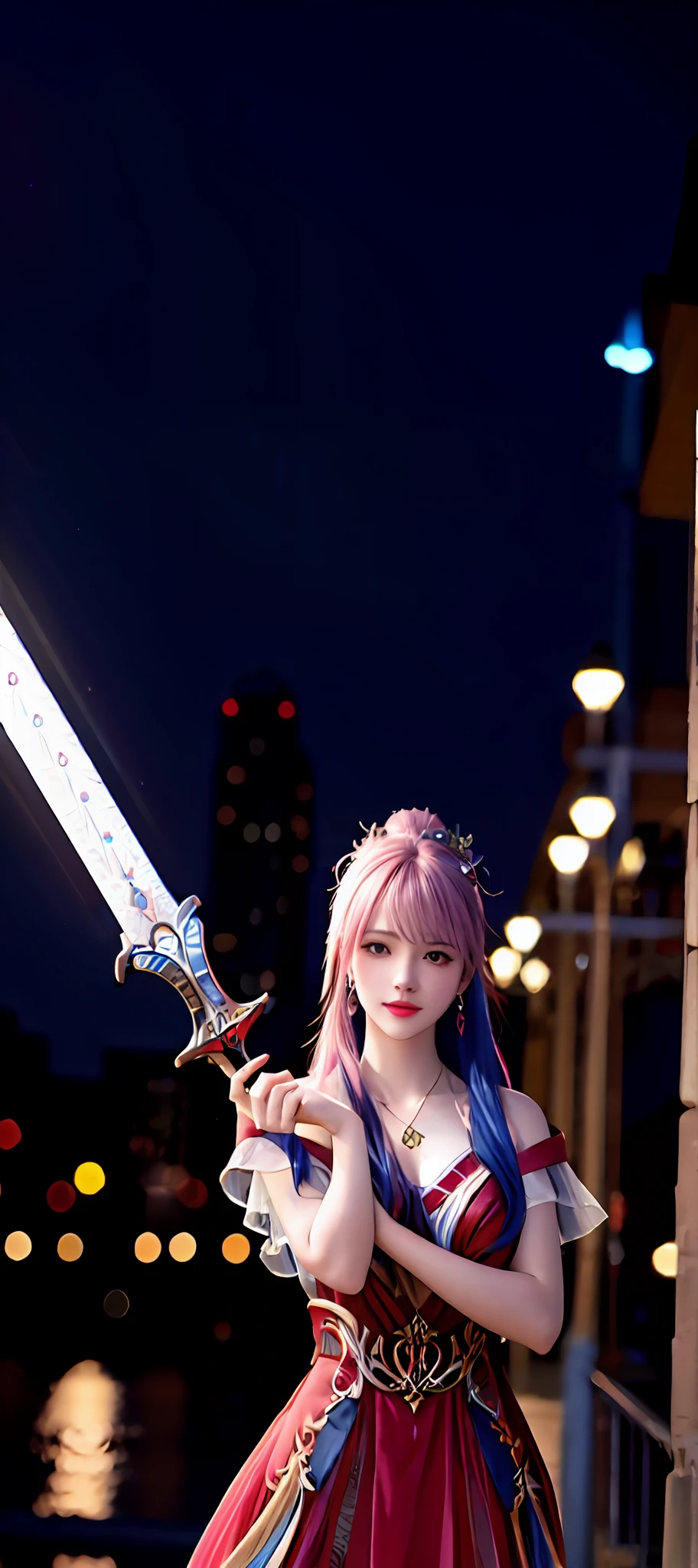 realisticity: 1.2), best quality, masterpiece, highres, cg, 1girl, weapon, sword, long hair, dress, water, solo, jewelry, red dress, earrings, hair ornament, splashing, upper body super realistis, hair bun, blue and pink hair, city backgraun realistis, lighting,candid, Photograph, high resolution, 8k, 10k, Bokeh,