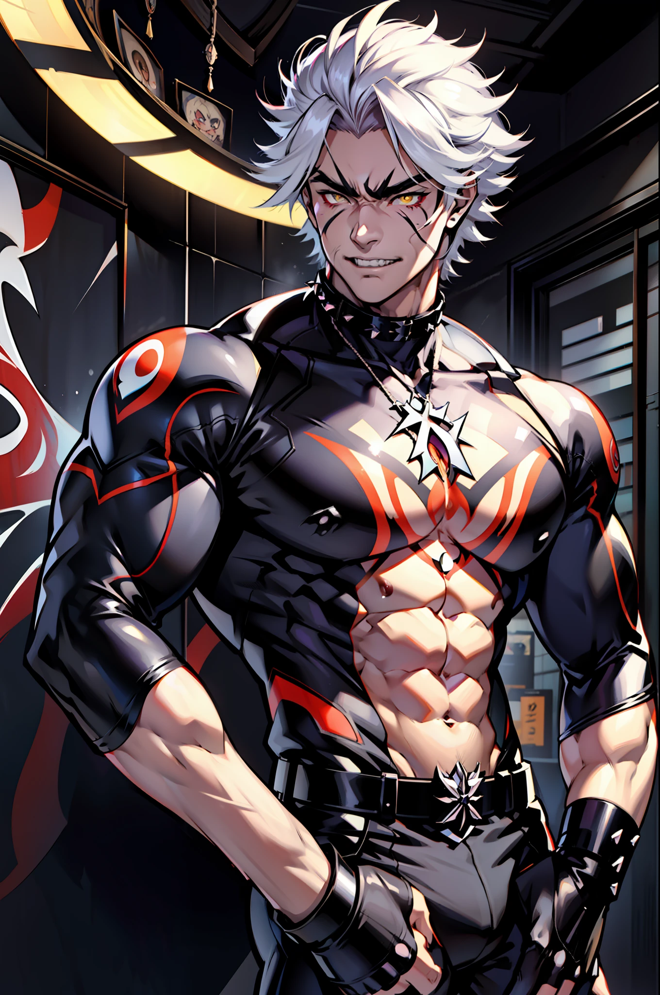 《the original god》Arataki Kazuto , male people, chest muscle, Sexy , Venom symbiote for your body, Black mucus of the body , into venom, venomize,Black bodysuit,Abs,(Adult male)((Venom possession,venom symbiote)),((Masterpiece)), ((Best quality)), Ultra detailed,((illustration)), Dynamic Angle, Detailed light, (Delicate eyes), Floating, 1boy, Male focus, Head, Clothing, Yellow eyes, necklace, tattoo, (Forehead:0.8), (ahoge:0.8), jewelry, whaite hair,apathy,Ray, chest muscle, Sexy , Venom symbiote for your body, Black mucus of the body , (into venom), Venom,frontage,Bust photo,White tight-fitting top,spiderman outfit,style of anime4 K, 4K anime wallpaper, Badass anime 8 K, 4 k comic wallpaper, young anime man, Anime boys, Anime wallpapers 4 k, Anime wallpaper 4K, High quality anime art style, Anime moe art style, Anime art wallpaper 8 K, Anime art wallpaper 4 K, RGB lighting,