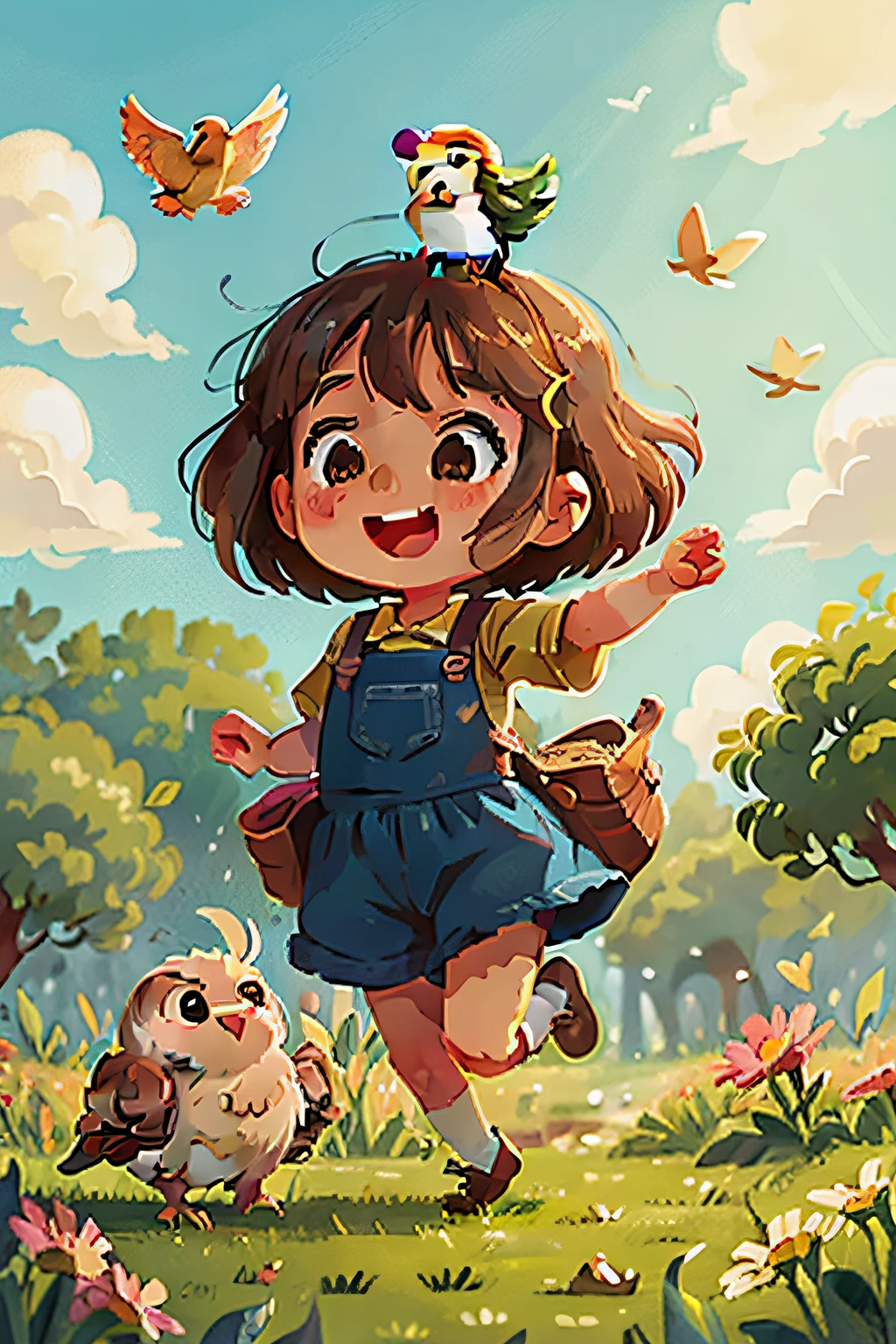 cute girl jumping in the fields and having fun with her pet bird