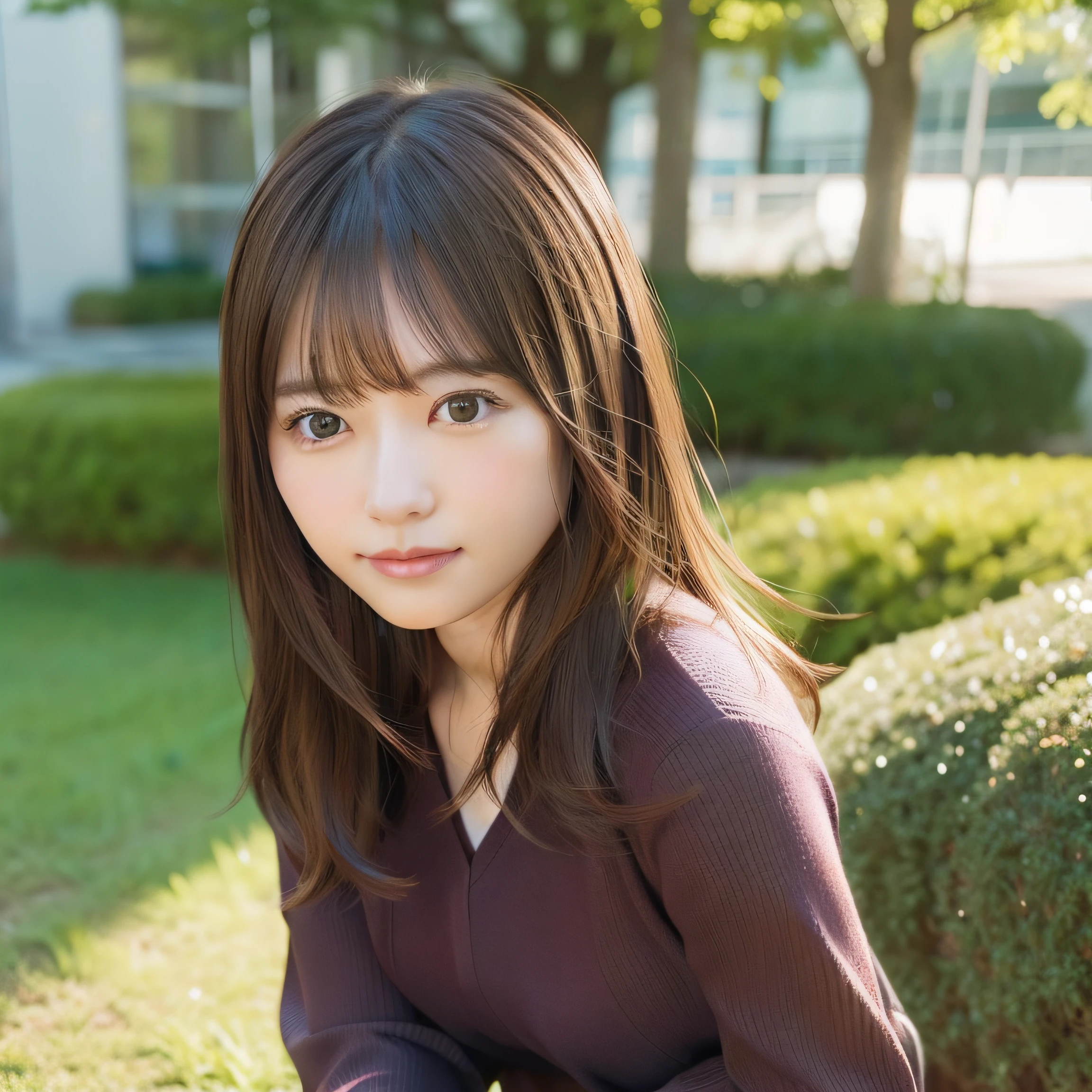 8k RAW photo,Best Quality, top-quality:1.1, masterpiece:1.3,超A high resolution, (Photorealistic:1.4), Raw photo, (upper thigh:1.5, From Side), natural skin textures:1.1, realistic eyes and face details:1.2, Full lips,(Background is blurry:1.4), (in a suite), 1日本人の女の子, Cute, (Solo:1.6), (Shy smile), (Dark brown eyes), Smooth skin, (Brown medium hair,Bangs), (touch hair:1.4),nogizaka,a park,suits、full bodyesbian、:1.5、Officelady:1.2