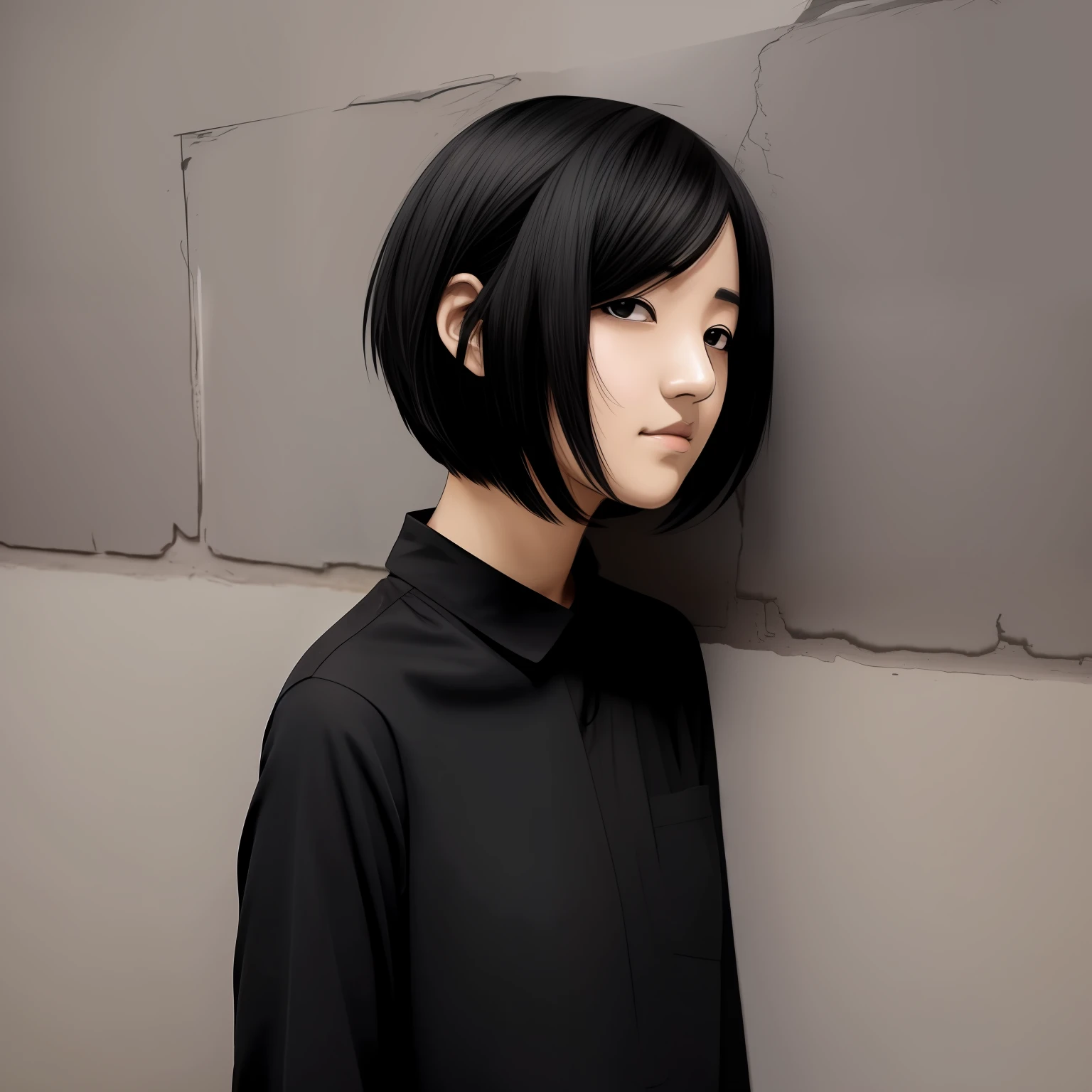 arafed woman with black shirt and black shirt leaning against wall, blackhair, sui ishida with black hair, with no face, melancholic!!, hair over face, dark hairs, boy has short black hair, dark-hair, dark - hair, no faces, black-hair, black hime cut hair, no face, she has black hair