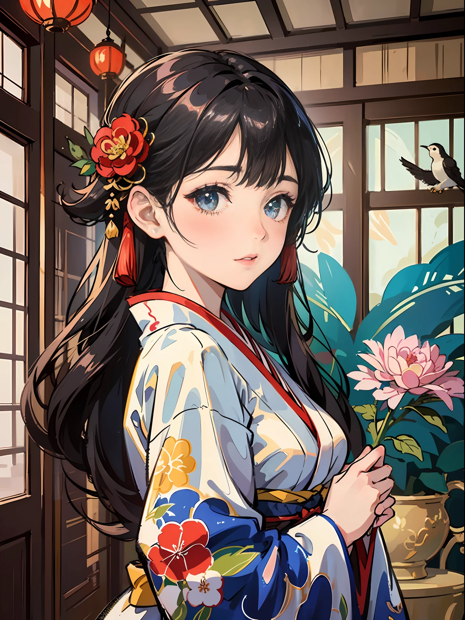 Master Pieces,hyper quality, Hyper Detailed,Perfect drawing,独奏、Beauty in the world、Komono、Japanese dress、Black-haired、Japanese hair、Colorful Japan kimono、Nishijin Ori、Delicate and smart eyes、Half-open lips、sidelong glance、Graceful、Gorgeous、Beautiful、red blush(0.2)、Dazzling、Stunning、Gorgeous、Gentle、Shunguang、natural soft light、Flowers and Birds Fugetsu、traditional Japanese room、Accurate drawing、Detailed drawing、