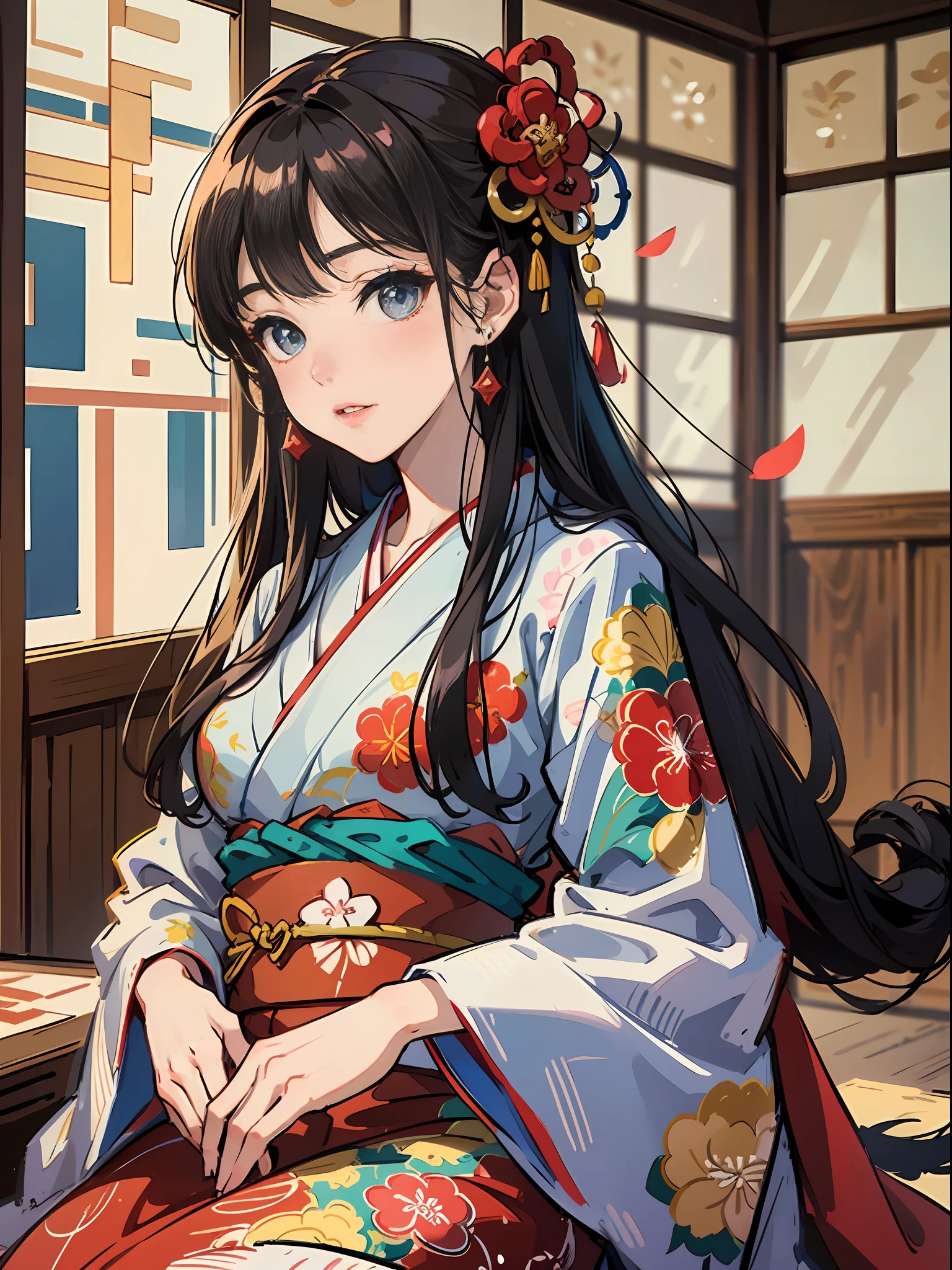 Master Pieces,hyper quality, Hyper Detailed,Perfect drawing,独奏、Beauty in the world、Komono、Japanese dress、Black-haired、Japanese hair、Colorful Japan kimono、Nishijin Ori、Delicate and smart eyes、Half-open lips、sidelong glance、Graceful、Gorgeous、Beautiful、red blush(0.2)、Dazzling、Stunning、Gorgeous、Gentle、Shunguang、natural soft light、Flowers and Birds Fugetsu、traditional Japanese room、Accurate drawing、Detailed drawing、
