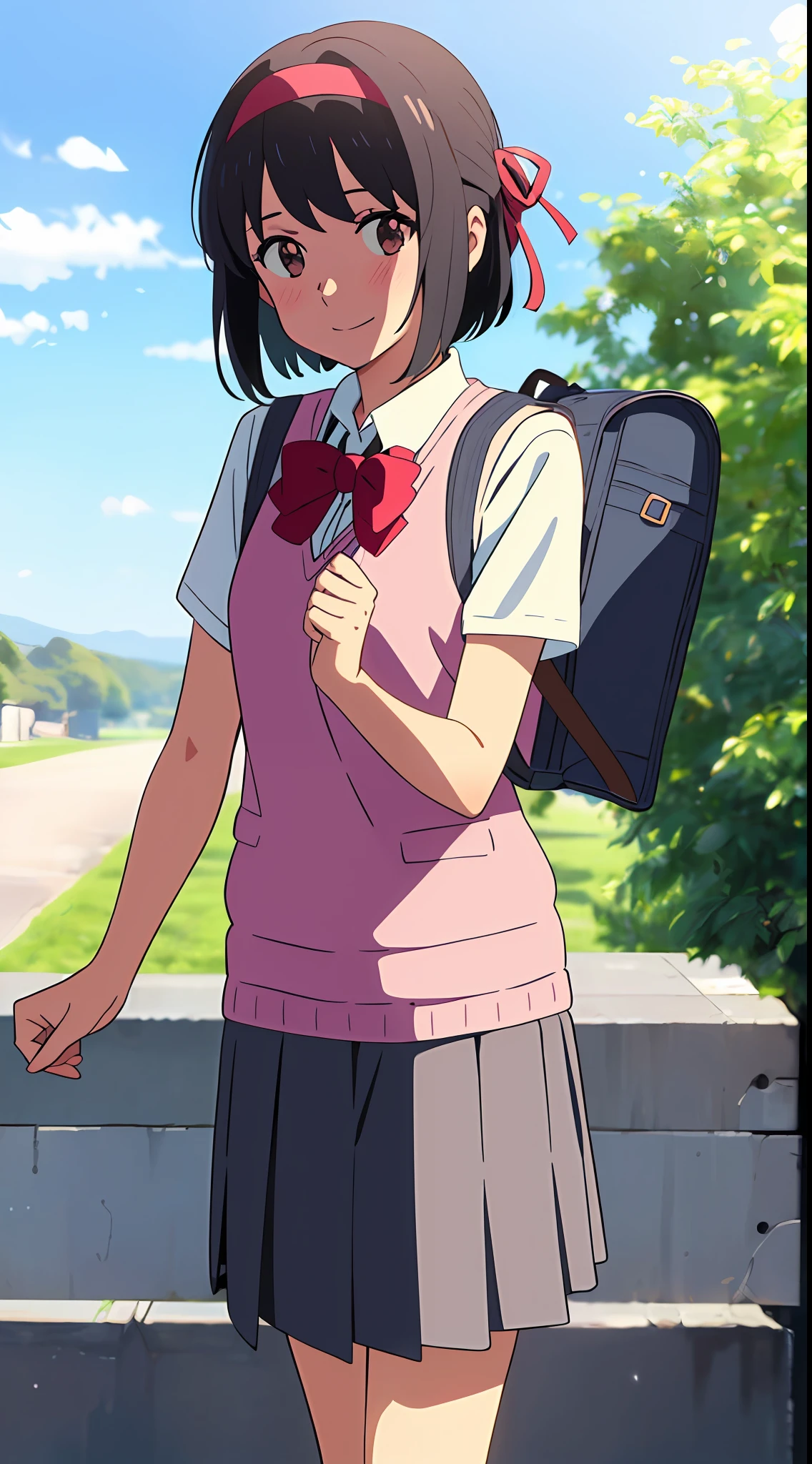shinkai makoto, kimi no na wa., 1girl, bangs, black hair, blush, brown eyes, sky, cloud, collared shirt, looking at the viewer, outdoors, headband, red headband, ribbon, red ribbon, bow, red bow, school uniform, short hair, smile, solo, shirt, white shirt, sweater vest, pink sweater vest, vest, pink vest, skirt, grey skirt, short sleeves, school backpack