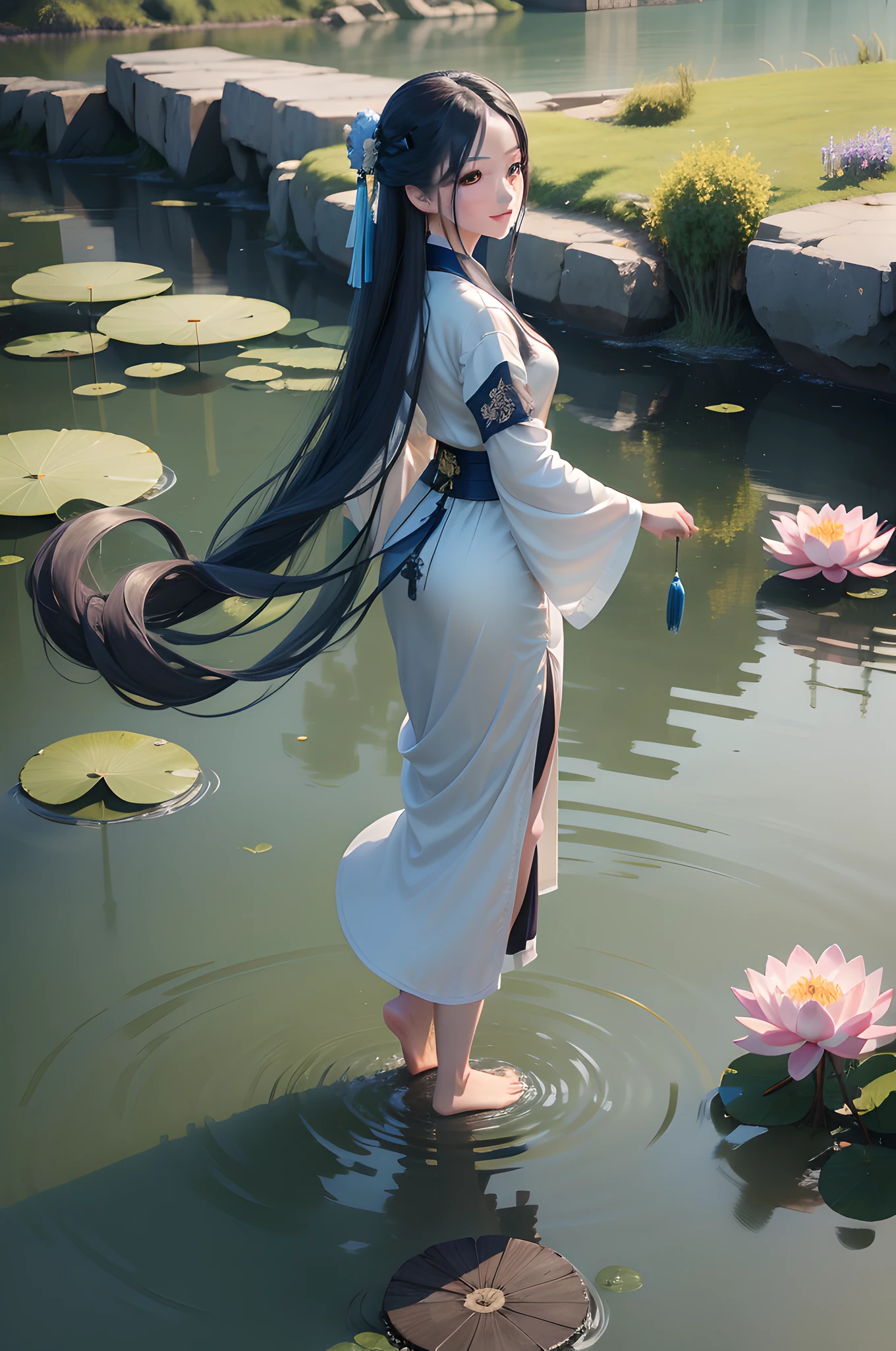((4k,masterpiece,best quality)), shuimobysim, traditional chinese ink painting, lotus, hanfu, maxiskit, dress conservatively 1girl, solo, long blue hair, smile, standing, feet in the water, barefoot,