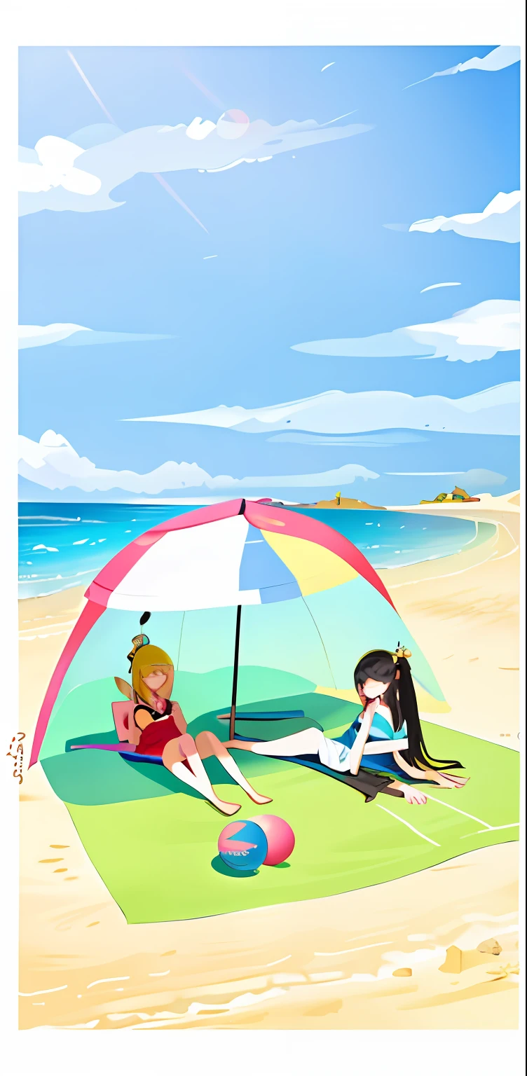 Two girls lying on the beach,One up,One down,Beach with beach umbrellas and balls, On a sunny beach,