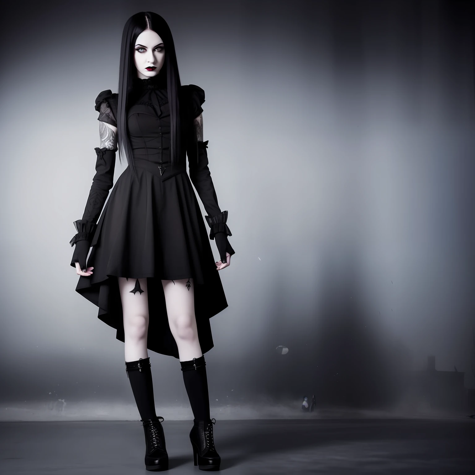 arafed woman standing, full body, goth girl aesthetic, 1 7 -  - old h girl, darkwave goth aesthetic, pale goth beauty, pale skin and dark eyes, black sullen eyes, gothic horror vibes, goth aesthetic, with black eyes, dark aesthetic, goth girl, gothic girl face, with black sclera eyes