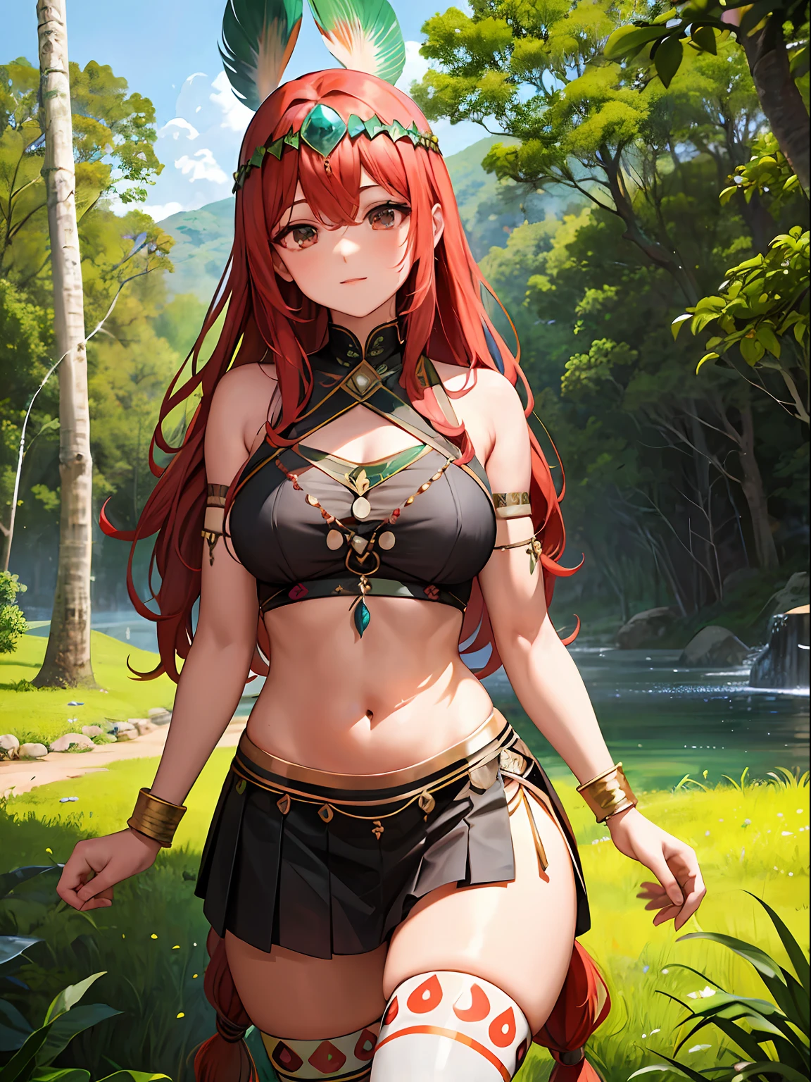 Uma bela mulher andando na floresta, cabelos pretos longo e liso com franja reta, pernas grossas e peitos grandes e pontudos, peitos grandes pesados, sensual, semi nua, top, floresta chuvosa, mata fechada, Lugar misterioso, Ancient redheads in the Amazon, molhada, peitos grandes, pele morena, pele escura, bronzeada, tanga de renda, pele suada, india, Indigenous body painting, Headdress on the head with peacock feathers, mini indigenous skirt. detalhada, F1.8