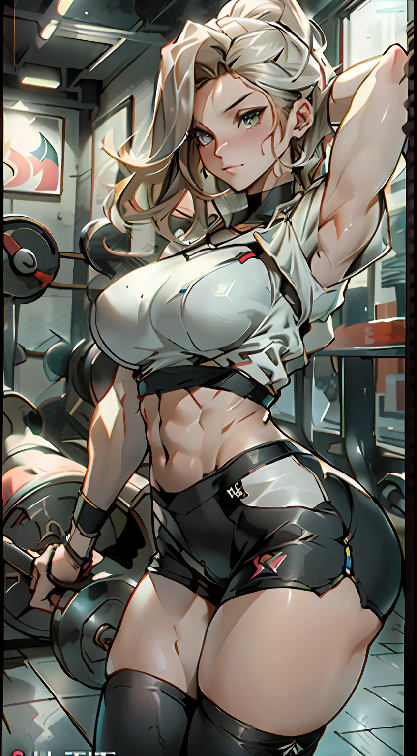 very pretty girl,(Bodybuilding),Wear a tight white fitness leather jacket,gym shorts,Two huge masses fill the neckline,She has a beautiful white-skinned body,Meticulous portrait,Wonderful young girl,Toning muscles,Super chest:1.3,sunlighting,Dingdall effect。(perspired),full bodyesbian,lively and lovely,hyper realisitc,Foto realism,Extremely fine book,Cinematic lighting realism,facial feature,drenched clothes,Peach buttocks,gym room,depth of fields,Large depth of field