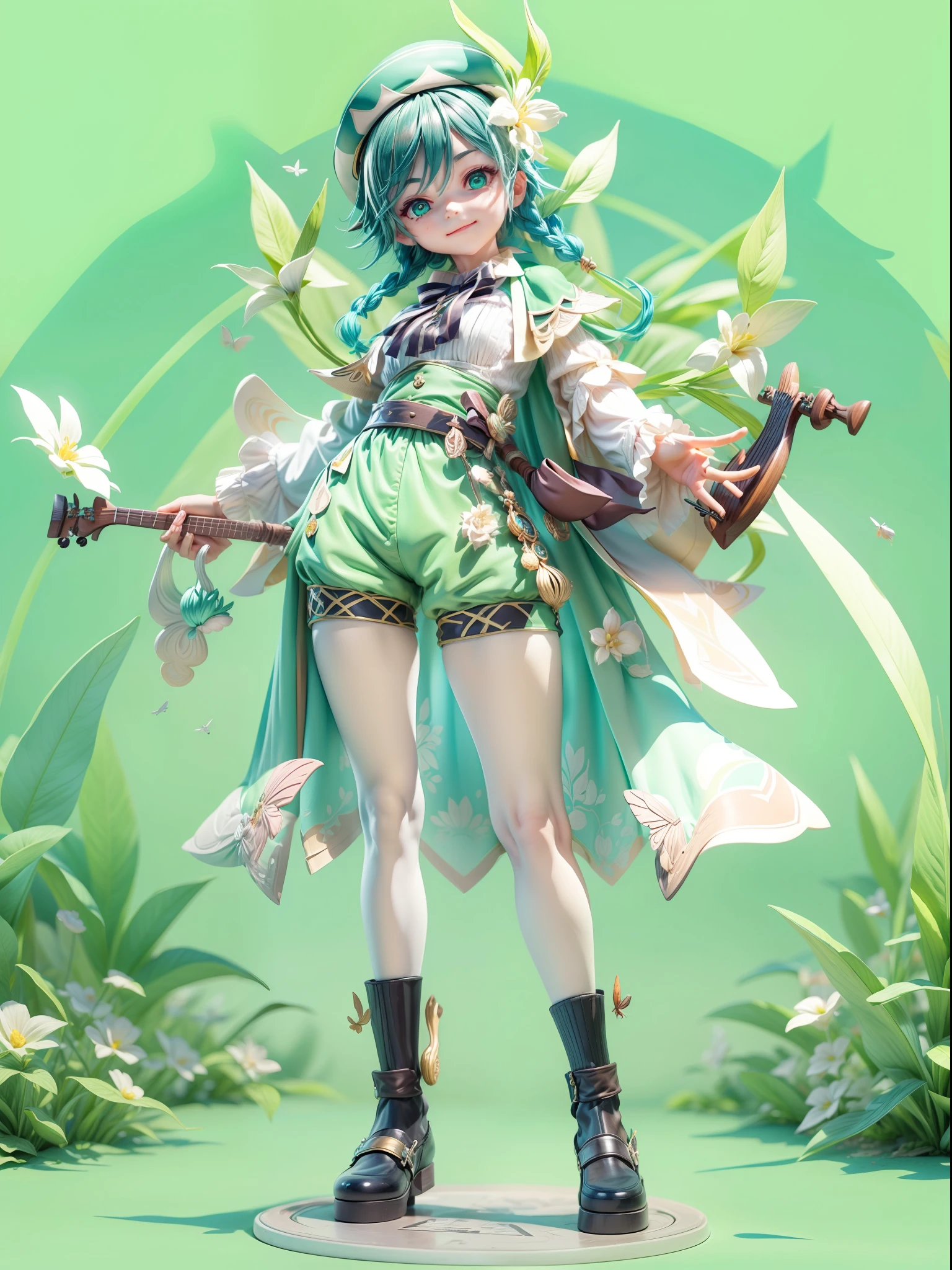 (Blind box toy style:1.3), (Full body shot) , 1 masterpiece, Best quality, ((anatomy correct,1 boy solo)),((venti:1.2)) (genshin impact), lyre, black hair, hat, smile, braid, long sleeves, twin braids, gradient hair, multicolored hair, instrument, pantyhose, , bow, shorts, blue hair, green headwear, beret, white pantyhose, green shorts, collared cape, bangs, butterfly, holding instrument, white flower, shirt, jewelry, looking at viewer, bug, white shirt, brooch, cape, androgynous, frilled sleeves,dreamy glow,plastic style, Clean, Clean white background (circular base)( Global illumination, Ray traching, hdr, unreal render,reasonable design, high detal, Masterpiece, Best quality, hyper HD, Cinematic lighting)