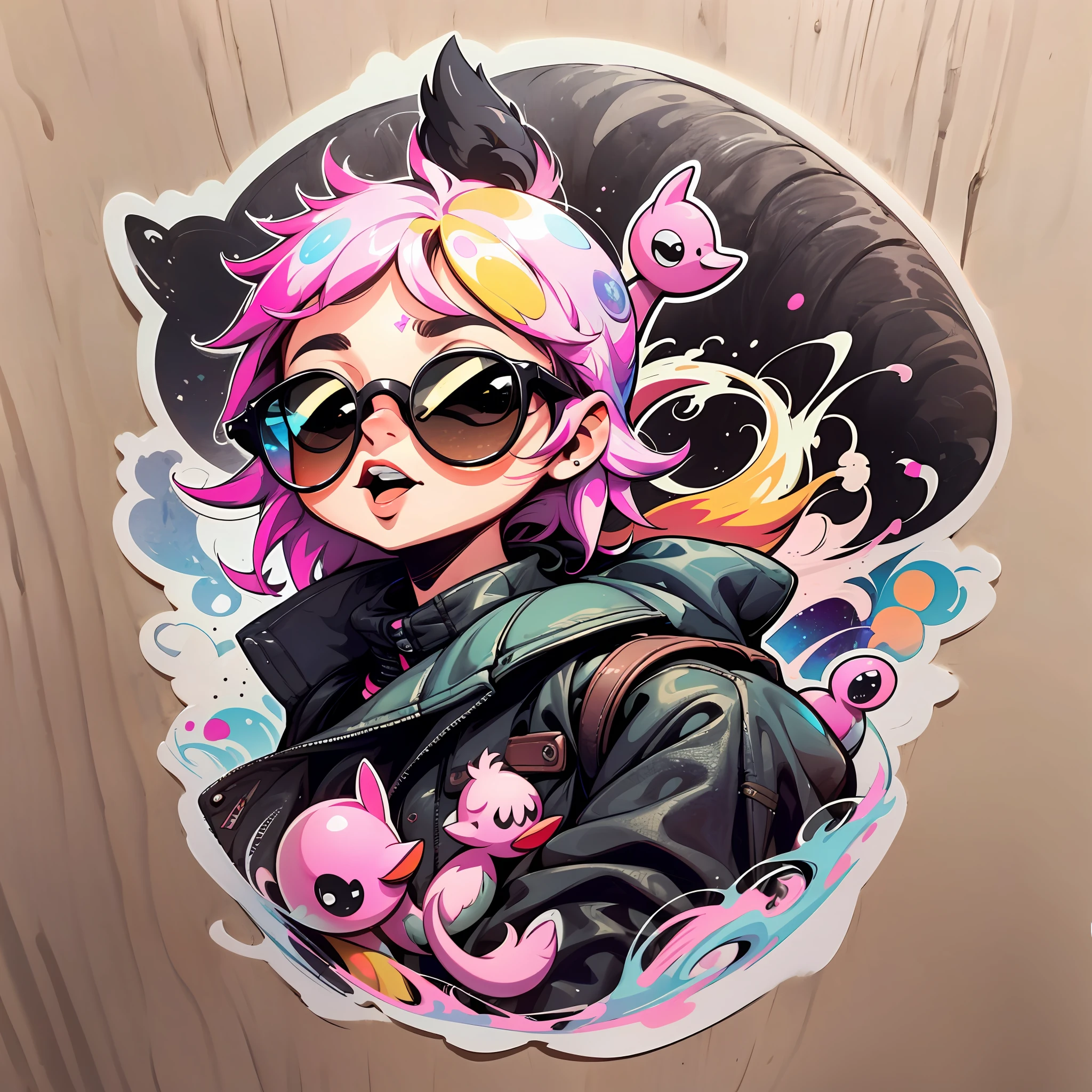 sticker illustration of ((( cute pink duck ,wearing sunglasses and , swearing a black leather jacket .))), full body ,sticker, 2D Style, Vectorial, Pantone colors, Splatoon custome, white border, full color background, vibrant 7-color palette playing an electric guitar, with a funny expression, Vector illustration, Minimalistic, Digital illustration, T-shirt design, Dramatic Lighting, Highly detailed, 2D, 300 dpi, RGB, Flat, No background, Tattoo design, Watercolour splashes background, Extremely detailed, Hyper detailed, Intricately detailed, Realistic details --auto --s2