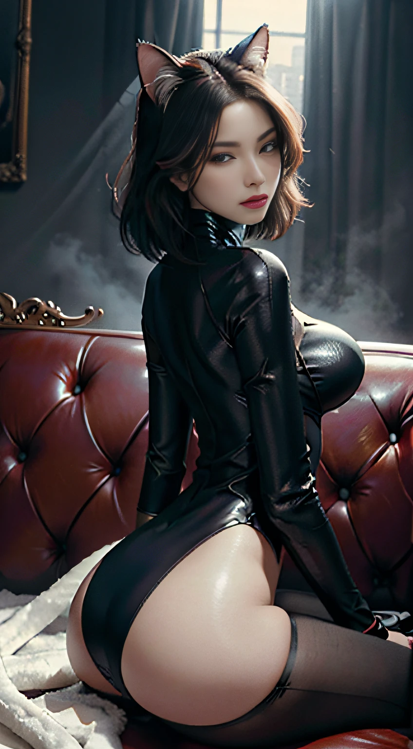 RAW，tmasterpiece，ultra fine photos，best qualtiy，超高分辨率，Photoreality，rays of sunshine，full-body portraits，stunningly beautiful，dynamicposes，delicated face，Delicate legs，vibrant eyes，She wears a futuristic Catwoman costume，Tight gauze garment，turtleneck top，cropped shoulders，Cat ears，Sit on a leather sofa，very highly detailed background，detailed face with，Detailed and complex busy background，untidy，opulent，milkyW，Highly detailed hands，Realistic details of skin，Visible Pore，tack sharp focus，volume fog，8k uhd，digital SLR camera，high qulity，filmgrain，White skin of the，photo-realism，lomo graphy，Huge metropolis in a dystopia of the future , look from down, Clothes translucent，Butt cocked and waited，big breasts exposed cleavage，Very exposed，Exposing the skin