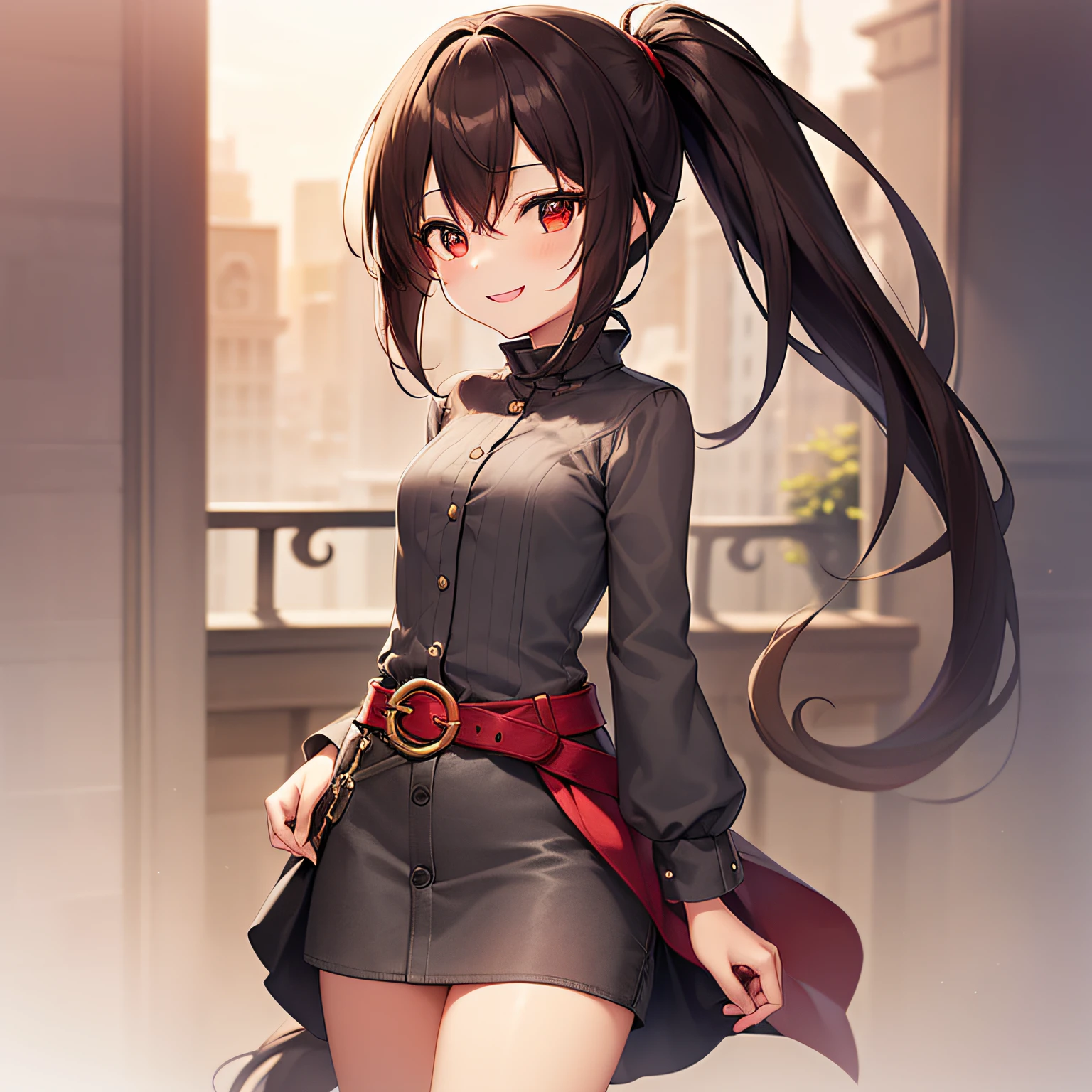 top-quality、extremely delicate and beautiful、((One girl)、、(Dark hair)、Gray clothes with vertical buttons、Belt at waist、grey miniskirt、((poneyTail))、(red hairband)、(Brown boots)、Red-eyed、Standing、A smile