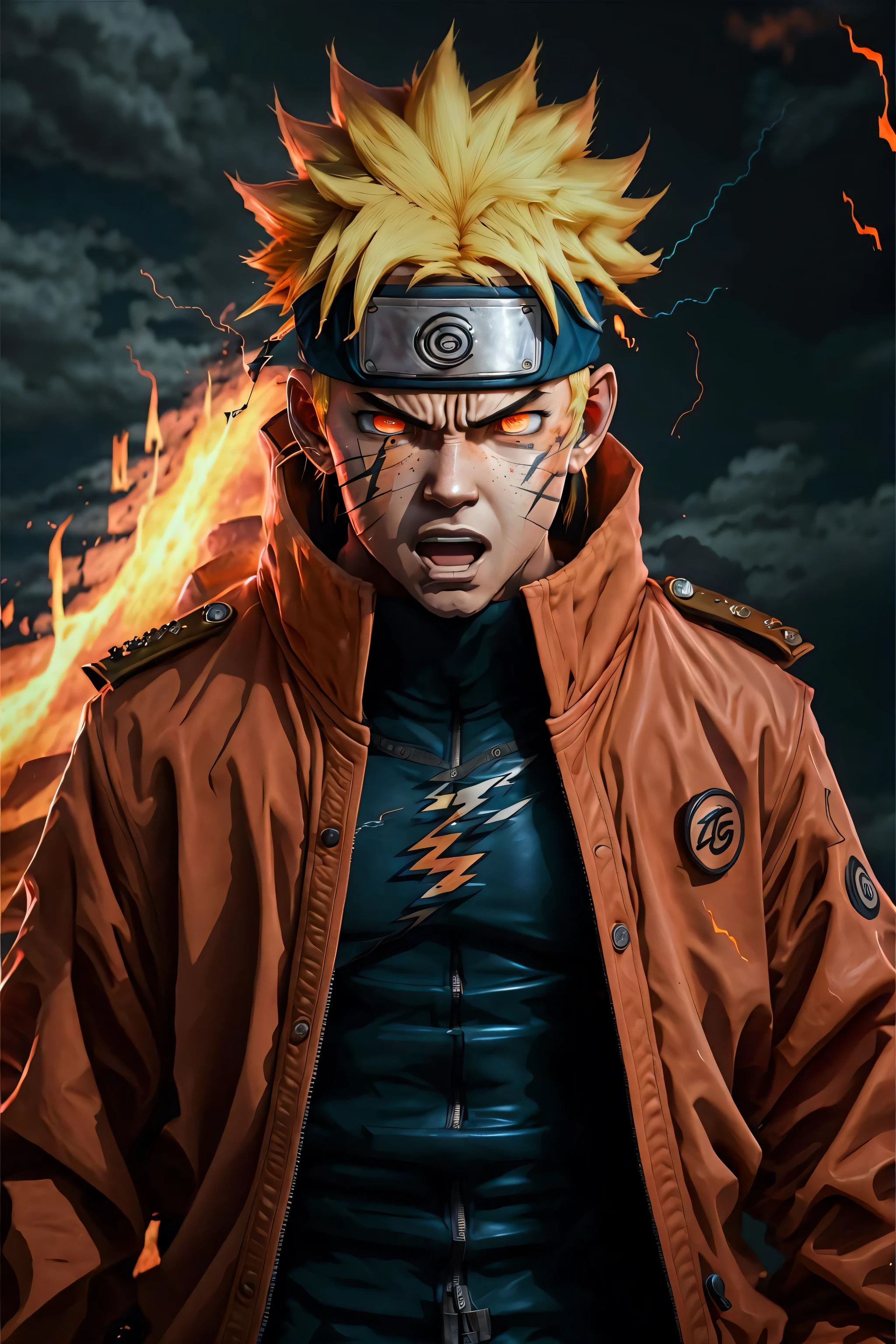 Naruto,1boy, lightning, angry, open mouth,nearly naked coat, fire red eyes, flamingEye