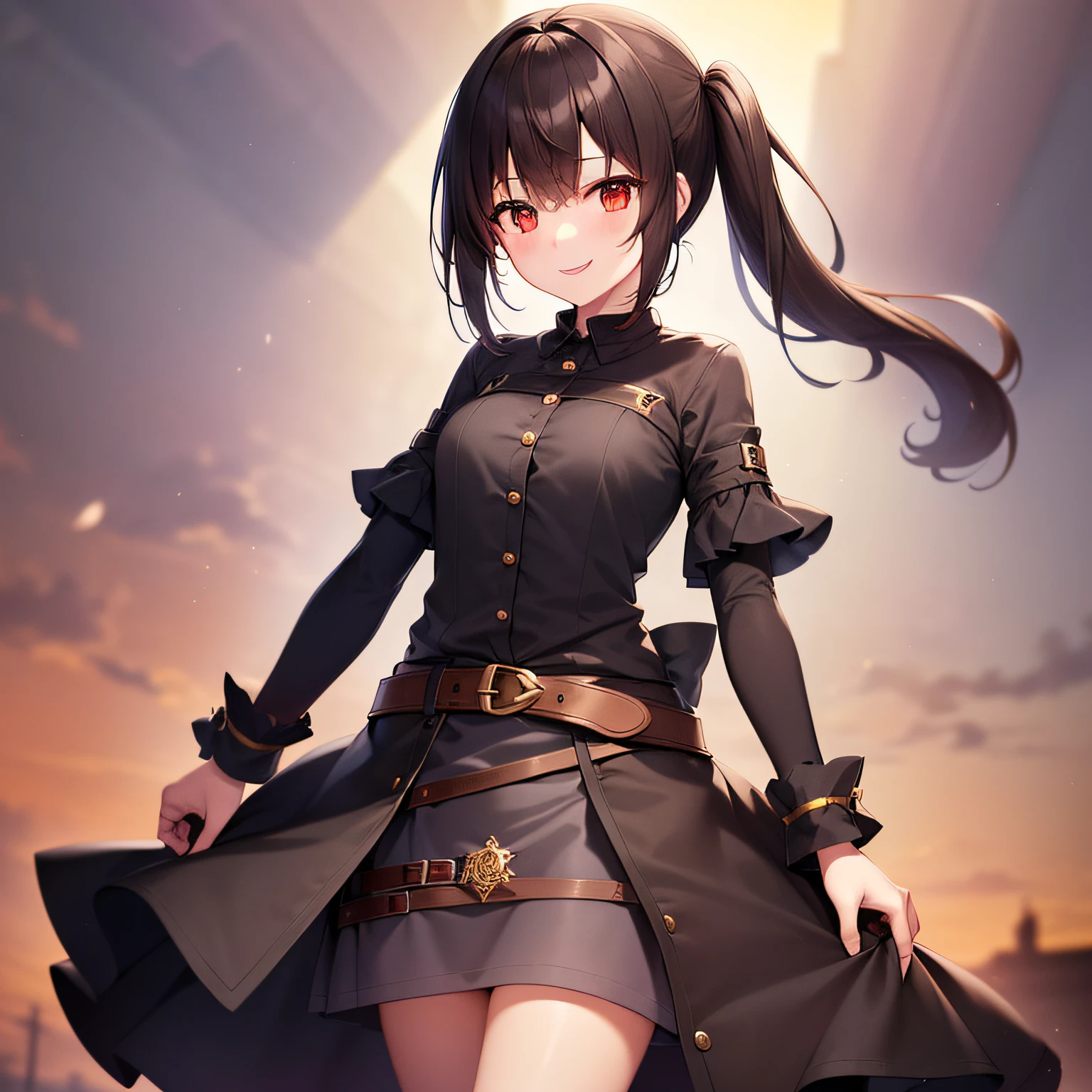 top-quality、extremely delicate and beautiful、((One girl)、11 year old、(Dark hair)、Gray clothes with vertical buttons、Belt at waist、grey miniskirt、((poneyTail))、(red hairband)、(Brown boots)、Red-eyed、Standing、A smile