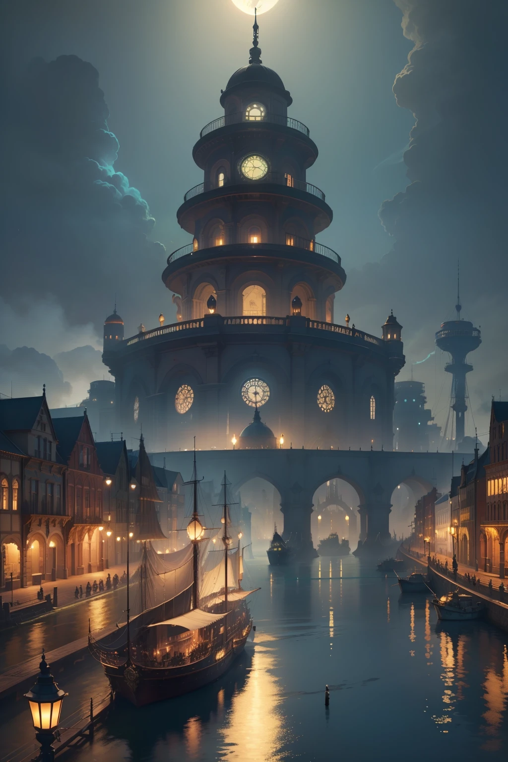 Ultra-detailed image of the thriving Victorian steampunk port city of high-tech RPG and magic. The city is filled with a network of bridges and rivers and is known for its factories that process bright blue light. Notable sites within the city include the bustling city center, The imposing city hall building in the Aetherpunk style with a vibrant blue dome of golden details with a clock, the ever-bustling port and the Factory Islands, where bright green hexadecimal is processed and bright green smoke. Full of steampunk navigations. The city is rich in gold and high-tech brass, Blue is bright like lunar magic, The City Hall building is round and looks like an imposing observatory. Com nitidez e boa qualidade, uma cidade de RPG de D&d. with water sources, da cidade de "Fonte" de "Impacto Genshin". Distance navigation with technological features steampunk pirates. Port city full of aviators, fontes e engrenagens. Robots walk around the aetherpunk city