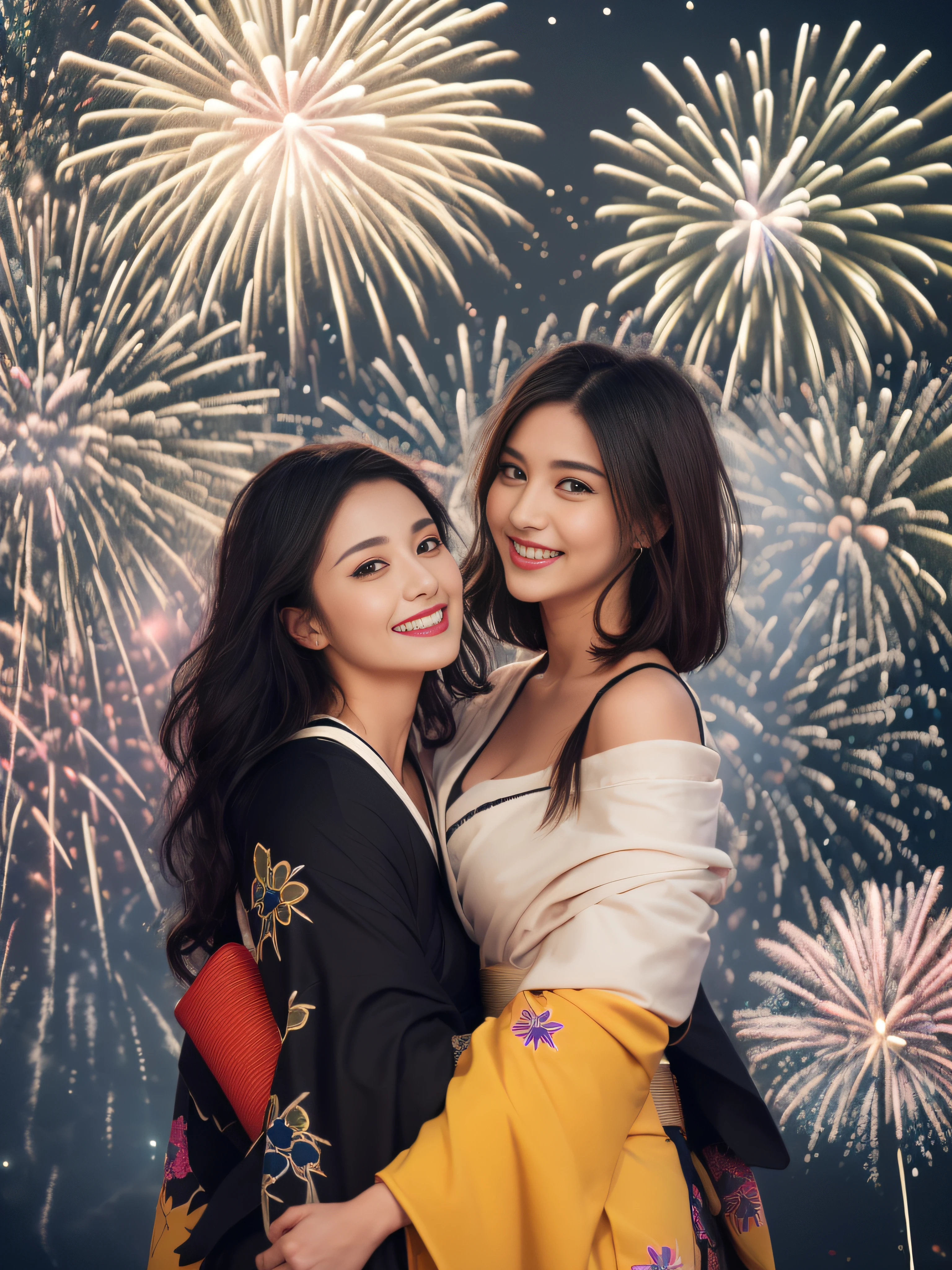 8K, high-level image quality, Ulutra HD, top-quality, Master masterpiece, 超A high resolution, Photorealsitic, 1girl in, off shoulders, A smile、(A dark-haired:1.6)、(tanned skin to brown)、Dark makeup、gals、Heavy makeup、Burst breasts、bbw、Muchimuchi、Glowing skin、a blond、(bbw:1.5)、Fat body、Fat face、People with Japan々、25-years old、(Muchimuchi:1.7)、Tight face、Muchimuchi's body、Sexy face、Dark makeup、Japan Beauty、(fullllbody:1.3)、Glossy skin、(sarashi)、beautiful foot、Brown skin color、(Big fireworks:1.7)、Whole human body、A smile、(Colorful kimono:1.5)、Heavy makeup、Flipping the kimono、a dark night、Big fireworks background, poneyTail, Arms crossed behind your back, asian human, japanes, Japan idol