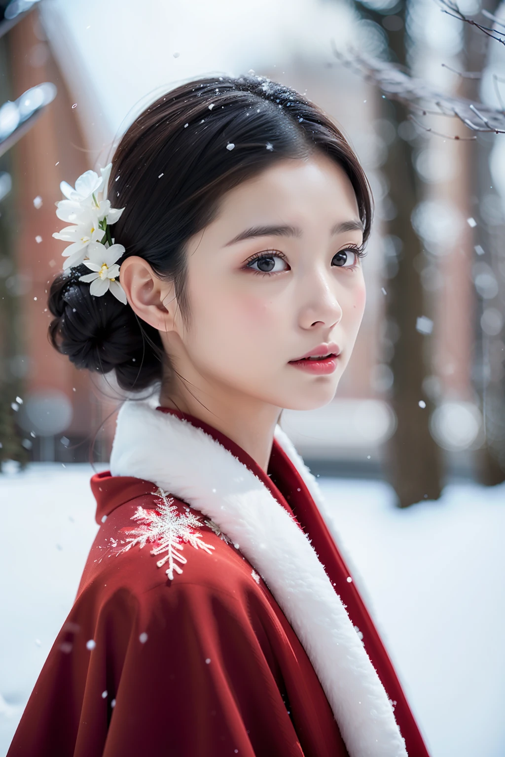 1 female,in snow,18yr old,(digital model:Nanako Matsushima 1.8),sideface,(Fine skeletal face,s delicate face),com rosto detalhado,(Traditional Japanese makeup),(Black colored eyes,(Look into the distance)) ,(Curly bun,((Windswept hair,Falling snow overhead))),Flaming red lips,Fair smooth skin,(Best Skin Type:1.21),(((Pure white kimono)),(Red inner collar+Red waist seal),masterpiece1.3,)(materpiece:silkouette,Satin)((Hasselblad photograp)),(Close-up of avatar,Avatar photo),scene:Her skin beats snow in a blizzard,Black hair and red lips,Black pattern on clothes,Red waist band,Beauty meets snow,Snow map style,8K分辨率, physically-based renderingt,profesional lighting,Surreal photography,exquisite detailing,详细的脸,The picture is pure,Perfect posture,Ultra-fine makeup,Ultra-fine clothing material