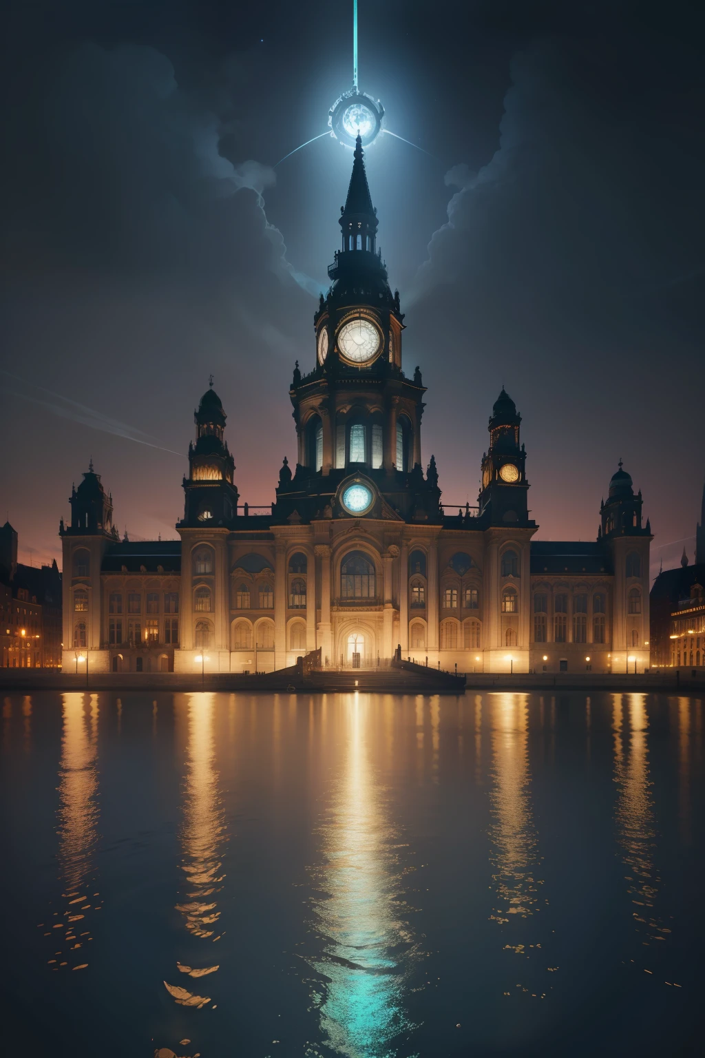 Ultra-detailed image of the thriving Victorian steampunk port city of high-tech RPG and magic. The city is filled with a network of bridges and rivers and is known for its factories that process bright blue light. Notable sites within the city include the bustling city center, The imposing city hall building in the Aetherpunk style with a vibrant blue dome of golden details with a clock, the ever-bustling port and the Factory Islands, where bright green hexadecimal is processed and bright green smoke. Full of steampunk navigations. The city is rich in gold and high-tech brass, Blue is bright like lunar magic, The City Hall building is round and looks like an imposing observatory. Com nitidez e boa qualidade, uma cidade de RPG de D&d. with water sources, da cidade de "Fonte" de "Impacto Genshin". Distance navigation with technological features steampunk pirates. Port city full of aviators, fontes e engrenagens. Robots walk around the aetherpunk city. Mauristadt, Mauritius City, Cartografia holandesa, Aesthetics Arcane LOL, Mapa de RPG de Dungeons and Dragon no estilo Steampunk, steampunk decoration, inspired by the universe of late nineteenth-century fiction that mixes futurism and Victorian aesthetics, of a thriving city, Port city full of pirate ships with gears of Victorian and aetherpunk design, factories, Industrial Revolution, solarpunk. The city is full of bridges, rivers and canals and is known for its factories that process bright blue magic stone. Notable sites within the Netherlands include the bustling city center, The imposing Reichstag Berlin Dome building. The city is divided into three islands, the ever-bustling port and the Factory Islands, where the bright blue magic stone is processed. The council building is round with a bright blue dome in gold details in Victorian architecture and the Reichstag Berlin. There is an elven library, lojas de tecnologia vitruviana, Navios a vapor
