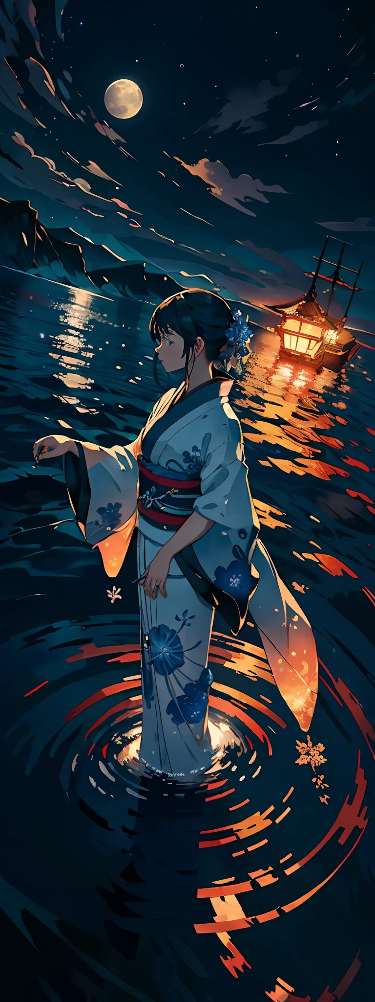 Vast landscape photos、The place is the sea、The season is summer、It's midnight、Silhouette of woman in kimono stands out in moonlight、The moon is reflected in the ocean like a mirror、Far Lighting Break Production Art、(Warm color light source:1.2)、(fireflys:1.2)、abajour、blue and white、intricate detailes、Volume Lighting BREAK (​masterpiece:1.2)、(top-quality)、4K、ultra-detailliert、（The composition of the movement：1.4）、Highly detailed and colorful details（Irridescent color：1.2）、（Glowing lighting、Atmospheric illumination）、dream-like、Magical、（独奏：1.2）