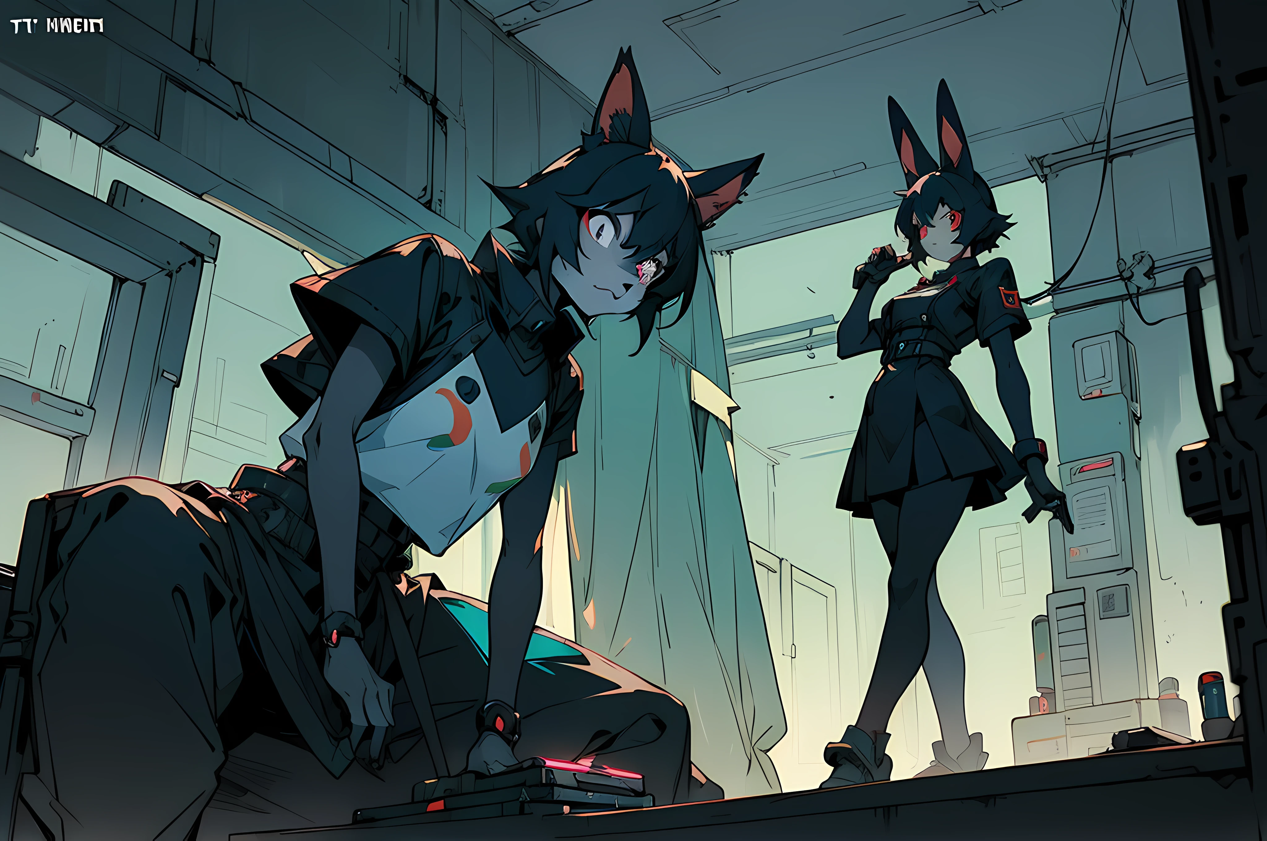 (((crowd of bunny superheroes))), (((cyberpunk bleak bleak bleak dark black black black bleak gray))), vampire hunter d, (vintage vhs), (crt screenshot), (((dark scene))), (((dark cloudy scene))), (((angel's egg anime))), (((serial experiments lain anime))), (((dystopian hideout scene))), (((unlit nighttime scene))), (((dark abandoned cyberpunk hideout))), (((angry black anthro kemono furry rabbit fighters with uniforms and tall bunny ears exploring old computer screens))), (((cyberpunk dystopian hideout filled with glowing computer monitors and green 8-bit screens))), anime black rabbit superheroes with futuristic hair and piercing glowing eyes and tall bunny ears, anime art, anime aesthetic, (((old electronics in background cel art))), kemono anime rabbits, wearing cybernetic bunny ears, angry fighters --v6