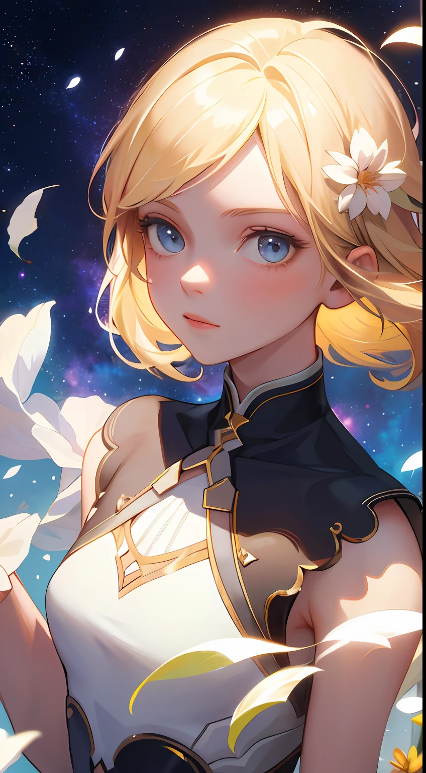 (best quality, masterpiece), 1girl, pose, particle, wind, flower, upper body, simple background, looking at viewer, blonde, galaxy,