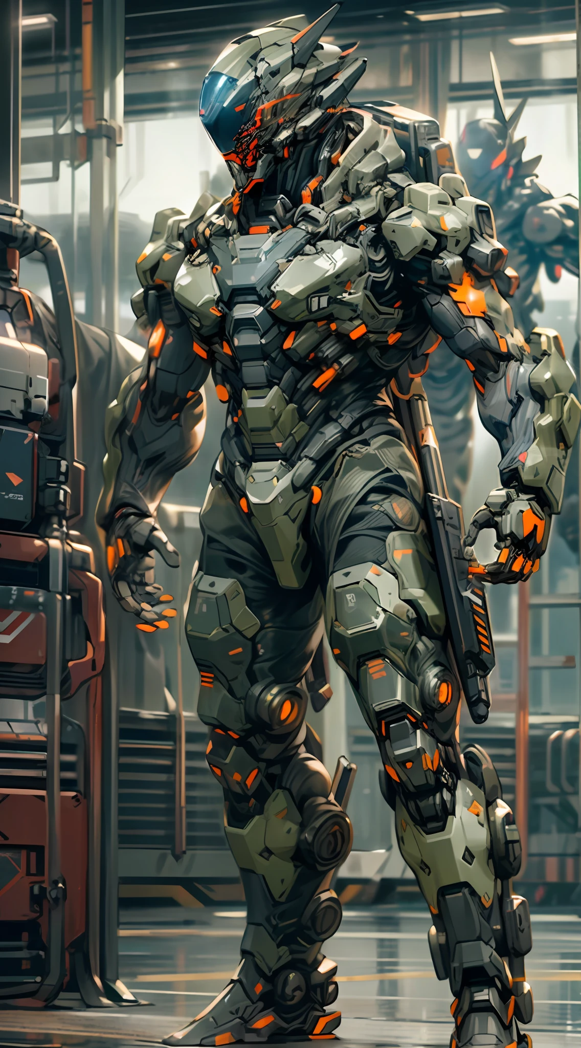 Hyper-realistic Full Body of Cybernatic Millitary Soldier, with some weapon system on the suits, Metal Build Mecha Suits, Black and Grey Colour, Stark Technology, Marvel Technology, metal surface, Futuristic helmet design, Glowing eyes, Red eyes, Cool Dynamic pose, Open Hand, side view, futuristic laboratory as a background, masterpiece