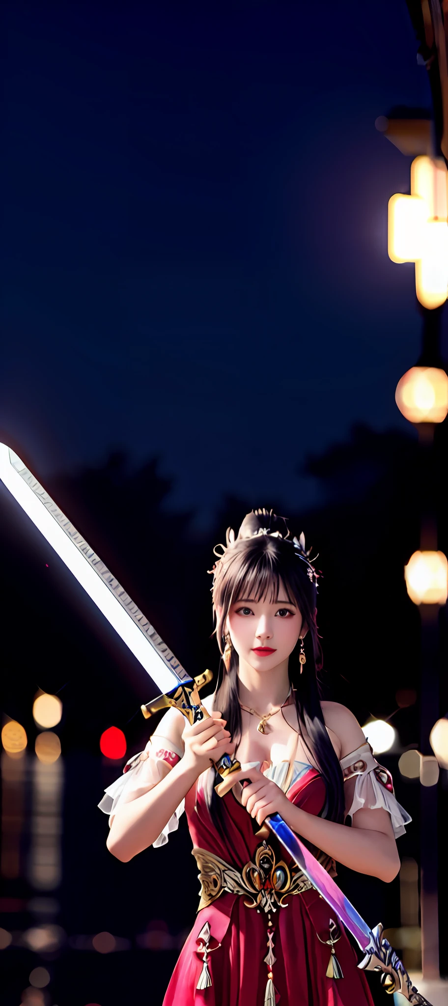 realisticity: 1.2), best quality, masterpiece, highres, super detail, ultra detail, cg, 1girl, weapon, sword, long hair, dress, water, solo, jewelry, red dress, earrings, hair ornament, splashing, upper body super realistis, hair bun, blue and pink hair, city backgraun realistis, lighting,candid, Photograph, high resolution, 8k, 10k, Bokeh,
