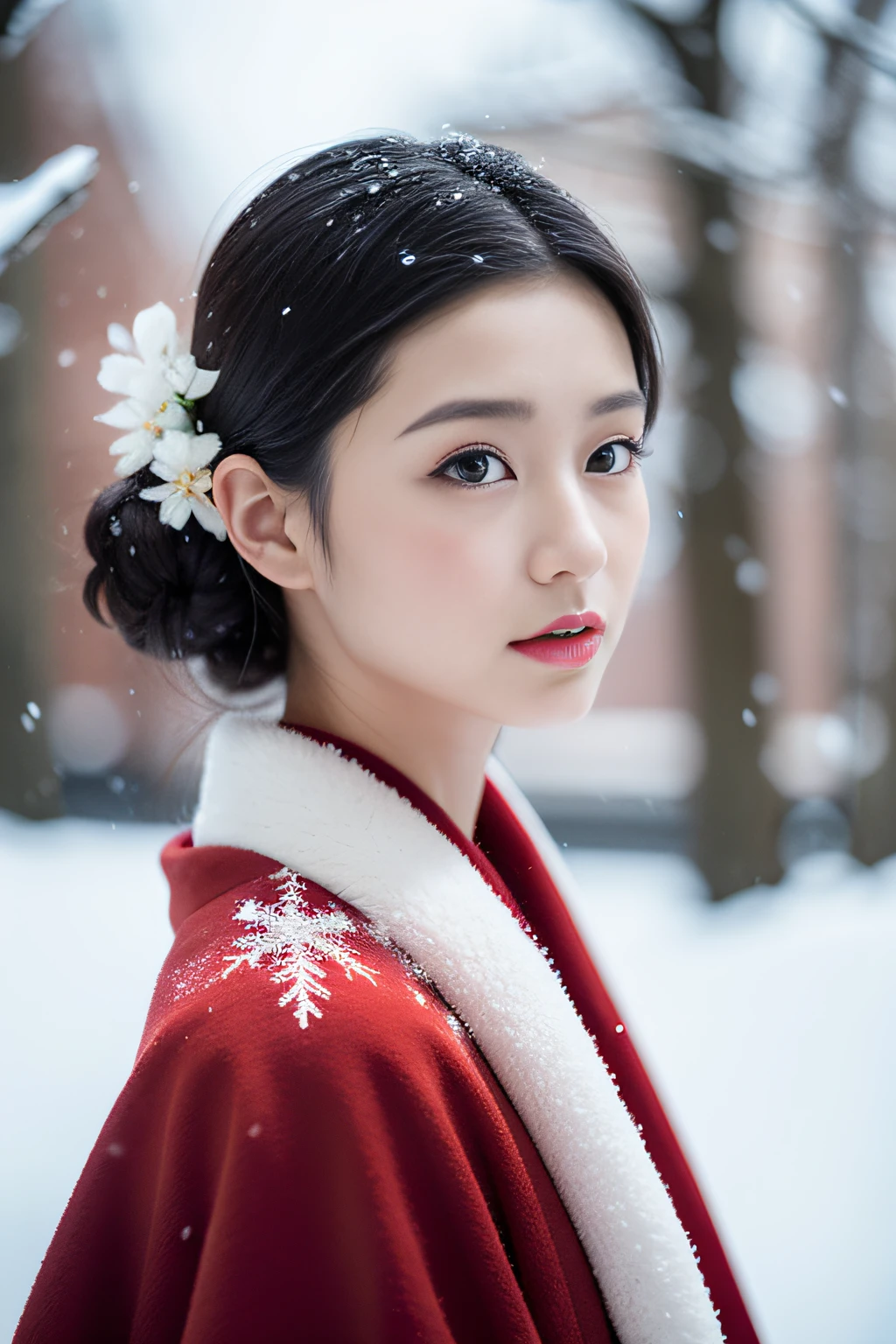 1 female，in snow，18yr old，（digital model：Nanako Matsushima 1.8），sideface，（Fine skeletal face，s delicate face），com rosto detalhado，（Traditional Japanese makeup），（Black colored eyes，（Look into the distance）） ，（Curly bun，（（Windswept hair，Falling snow overhead））），Flaming red lips，Fair smooth skin，（Best Skin Type：1.21），（（（Pure white kimono）），（Red inner collar+Red waist seal），masterpiece1.3，）（materpiece：silkouette，Satin）（（Hasselblad photograp）），（Close-up of avatar，Avatar photo），scene：Her skin beats snow in a blizzard，Black hair and red lips，Black pattern on clothes，Red waist band，Beauty meets snow，Snow map style，8K分辨率， physically-based renderingt，profesional lighting，Surreal photography，exquisite detailing，详细的脸，The picture is pure，Perfect posture，Ultra-fine makeup，Ultra-fine clothing material