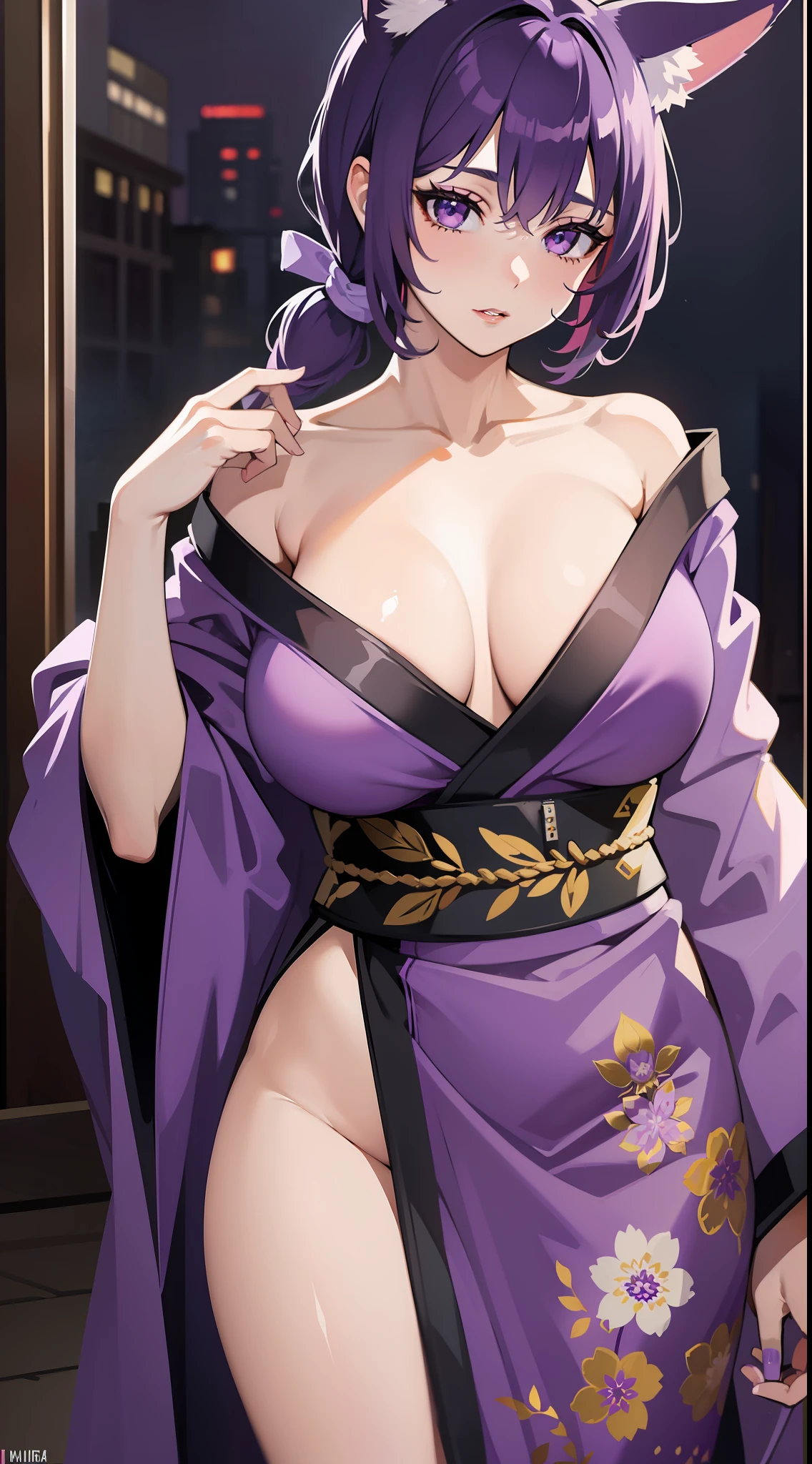 Adult woman, short purple hair, high ponytail, fox ears, Purple eyes, purple lipstick, kimono, Undress, open breasts, nipples, Masterpiece, hiquality