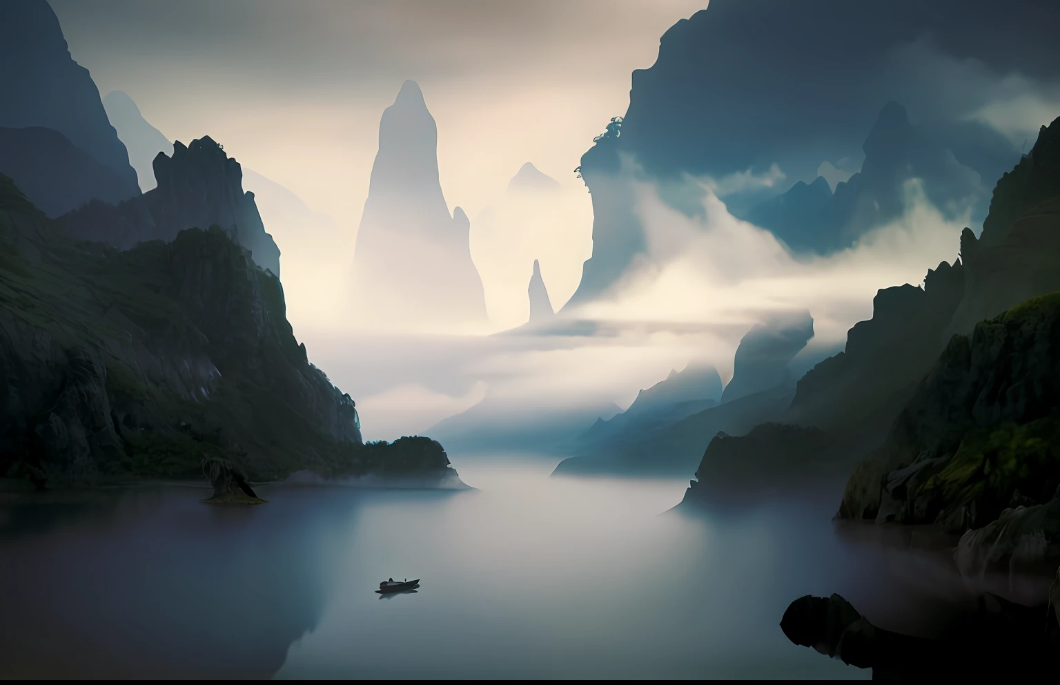 There is a boat floating in the middle of the lake surrounded by mountains, epic dreamlike fantasy landscape, matte painting in fantasy style, impressive fantasy landscape, mystical fantasy landscape, Floating mountains, Epic fantasy landscape, ethereal landscape, dreamy matte painting, moody misty fantasy art, Chinese landscape, dreamlike digital painting, Fantasy landscape, epic matte painting of an island, Dark fantasy landscape