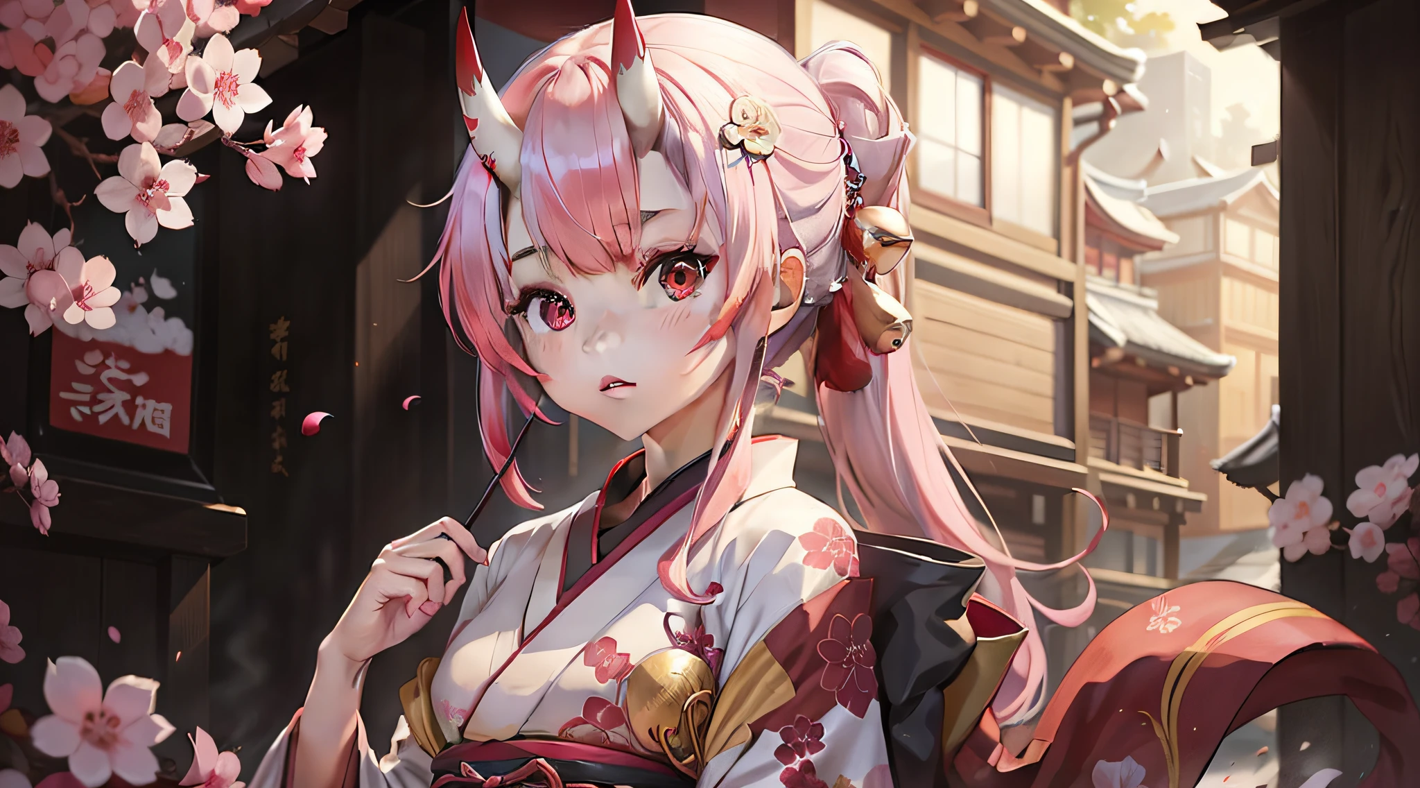 an Asian girl wearing a red and white kimono with pink hair and eyes, com chifres.