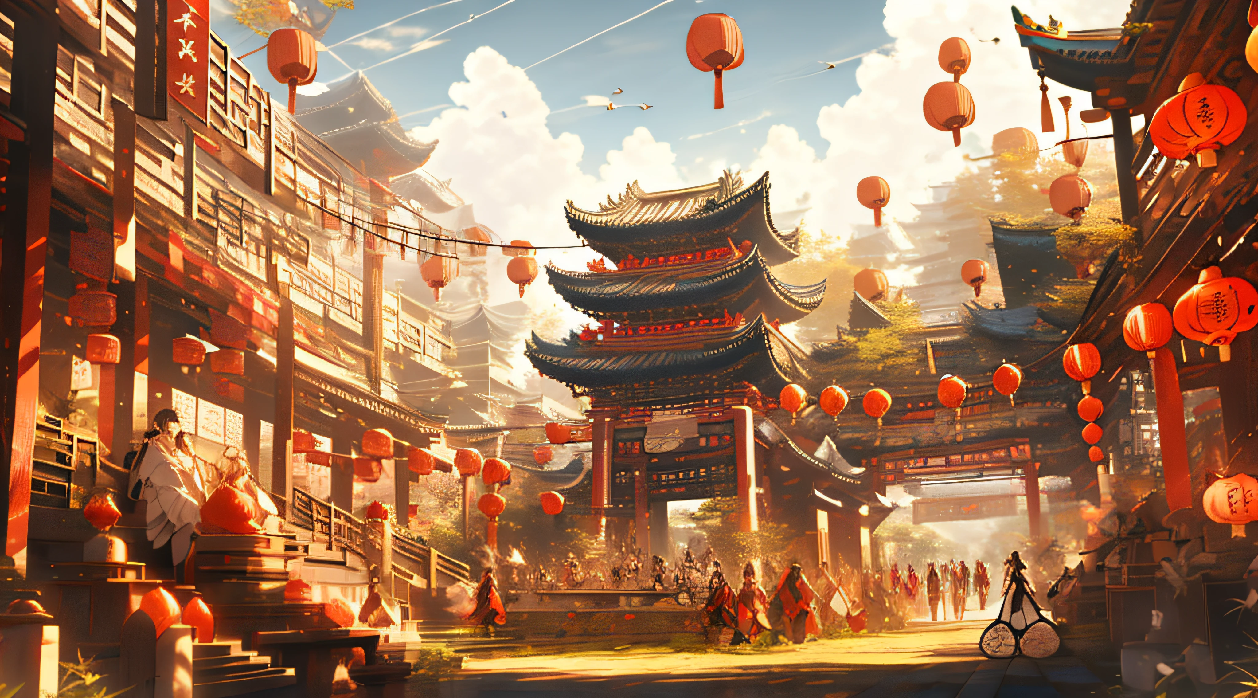 architecture, east asian architecture, scenery, lantern, pagoda, outdoors, sky, paper lantern, cloud, bird, building, tree, standing, mountain, bridge, holding, multiple girls, 6+boys, day, masterpiece, best quality,
