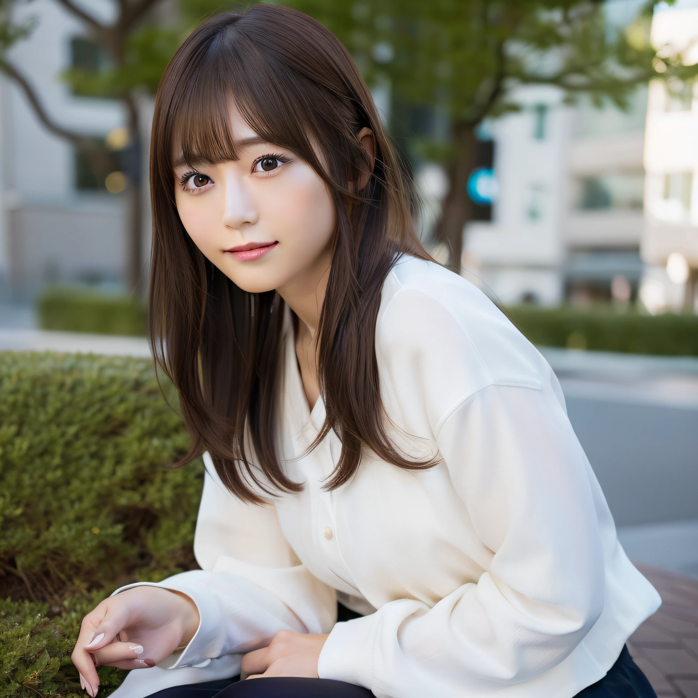 8k RAW photo,Best Quality, top-quality:1.1, ​masterpiece:1.3,超A high resolution, (Photorealistic:1.4), Raw photo, (upper thigh:1.5, From Side), natural skin textures:1.1, realistic eyes and face details:1.2, Full lips,(Background is blurry:1.4), (in a suite), 1日本人の女の子, Cute, (Solo:1.6), (Shy smile), (Dark brown eyes), Smooth skin, (Brown medium hair,Bangs), (touch hair:1.4),nogizaka,a park,suits、full bodyesbian、:1.5、Officelady:1.2