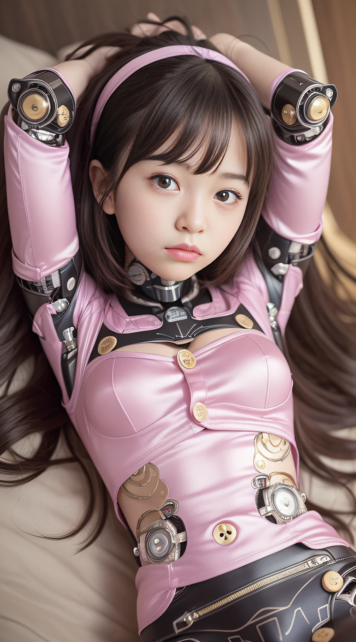 (Photorealsitic:1.4)、Onegirl、(top-quality),(hyperdetailed face)、(Super well-formed face)、((Robot Parts))、(Cyborg girl)、(metalic)、(fullllbody)、(sexy pose)、(Slender body)、(Model body type)、(full body mech)、(akihabara)、(is looking at the camera)、(A dark-haired)、(10Head and body)、(a small face)、(Idol)、(front facing)、(Lying on the bed with legs open)、(Banzai pose with open arms)、(Photo session)、(Looks sad)、(Cyborg girl in pale pink satin dress)、(Golden button)、(sleeve less)、(a miniskirt)、(K-POPthe wind)
