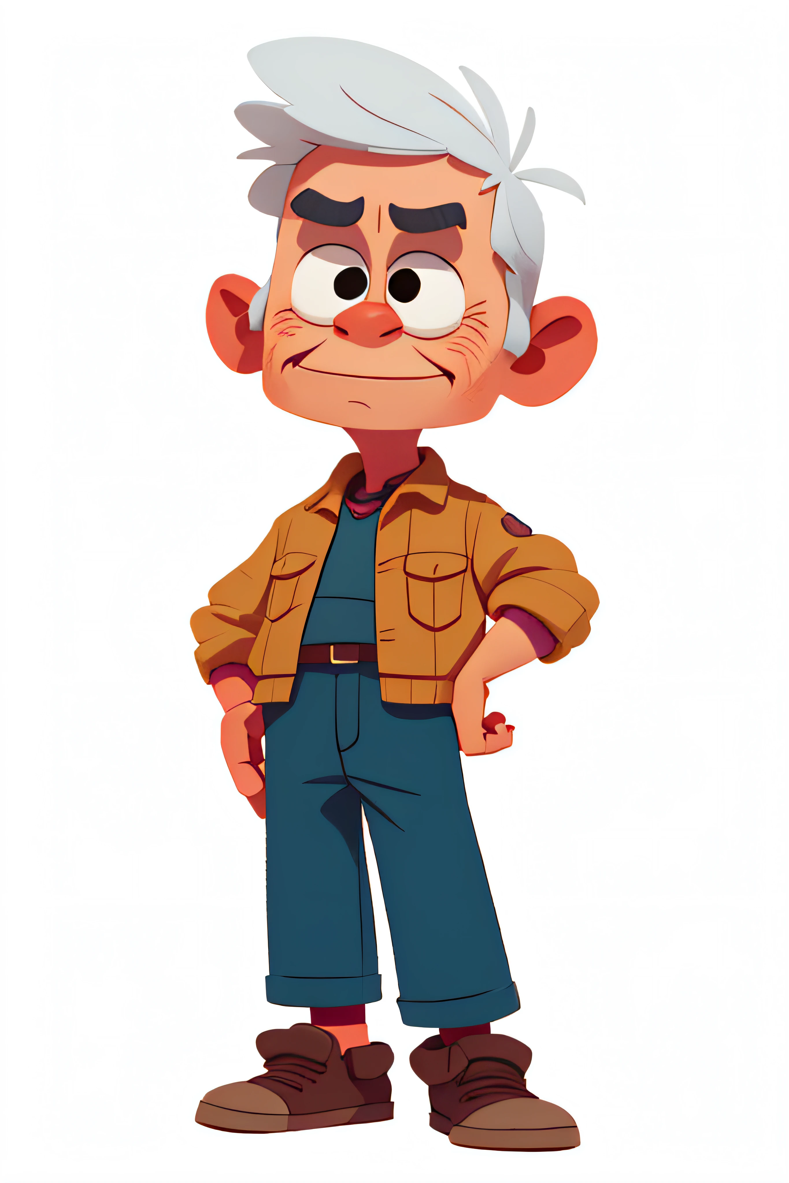 old 1man with , smale, side viewer, cartoon, pixar style, 2d, cartoon, free hands , high brightness , detailed face, White background
