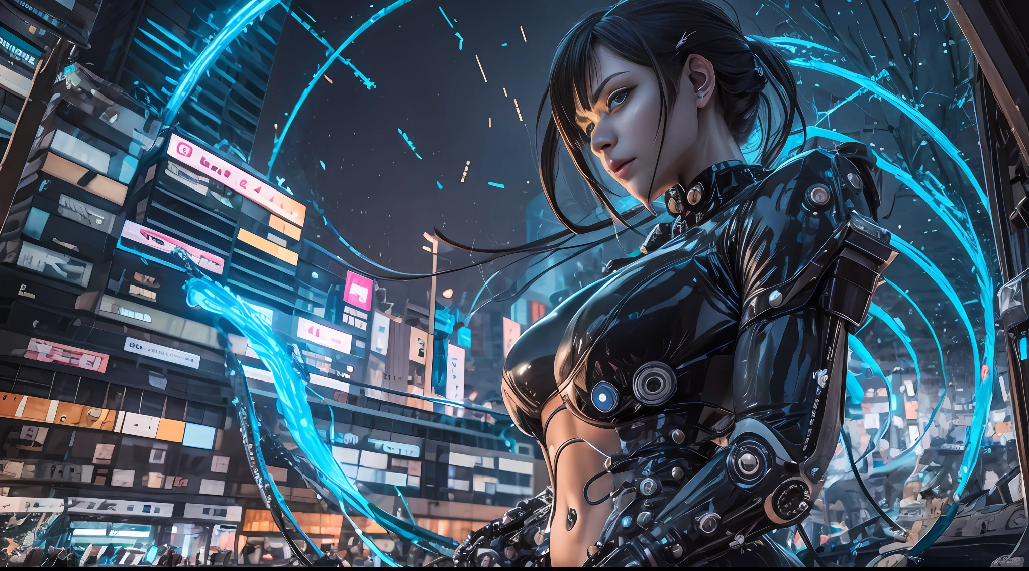 （Ultra-clear image quality）(Man in Black mech), droid，Machinary，photography of：Shinsuke Sato, (The limiter flashes blue), ((The City of the Killing:0, gantz:0)), Night City Battle background, The fire burst into the sky, Sparks fly, gantz,  diverse cybersuits, movie poster character, an oppai cyberpunk, cyber suit, cyber suit, (tmasterpiece), Ultra-wide angle, hyper HD, retinas, Anatomically correct, Textured skin, ccurate, A high resolution, 16k, Award-Awarded