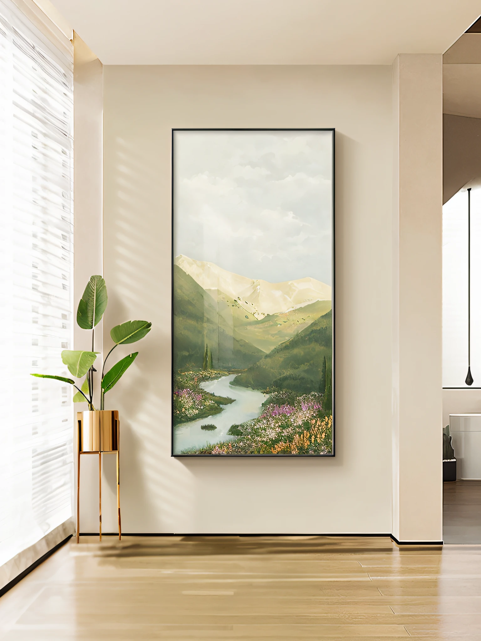 There is a painting on the wall in the room, extremely high quality artwork, elegant and refined painting, 8 K HD detailed oil painting, majestic painting, Classical landscape painting, nature painting, highly detailed water colour 8 k, high quality art, highly detailed water colour 8k, High quality painting, pastel style painting, painted landscape