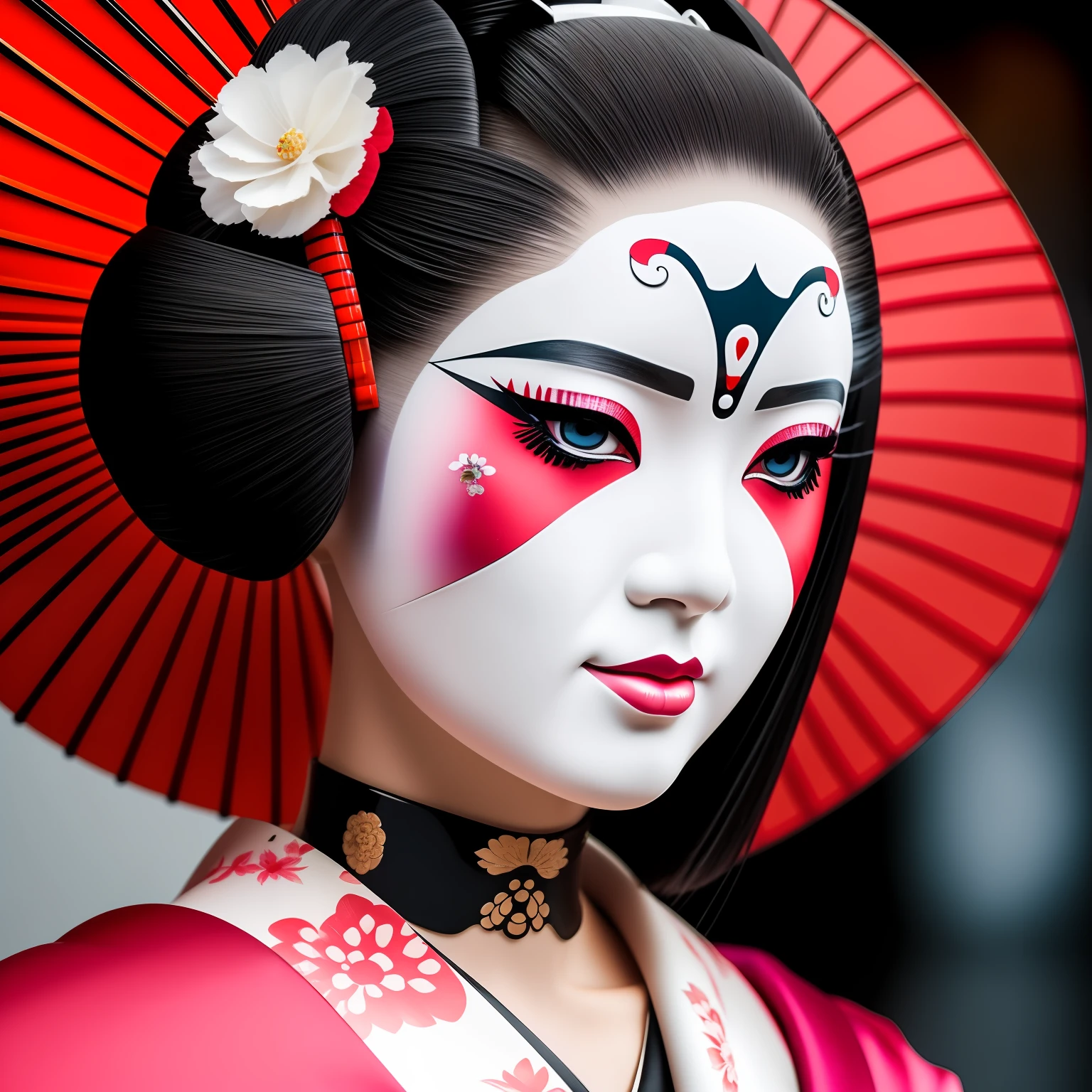 a close up of a woman with a geisha make up, beauty geisha, remarkable geisha make up, geisha, kabuki makeup, cyberpunk geisha, geisha makeup, geisha make up, japanese geisha, geisha hairstyle, ghost in the shell geisha robot, inspired by Otake Chikuha, portrait of a geisha